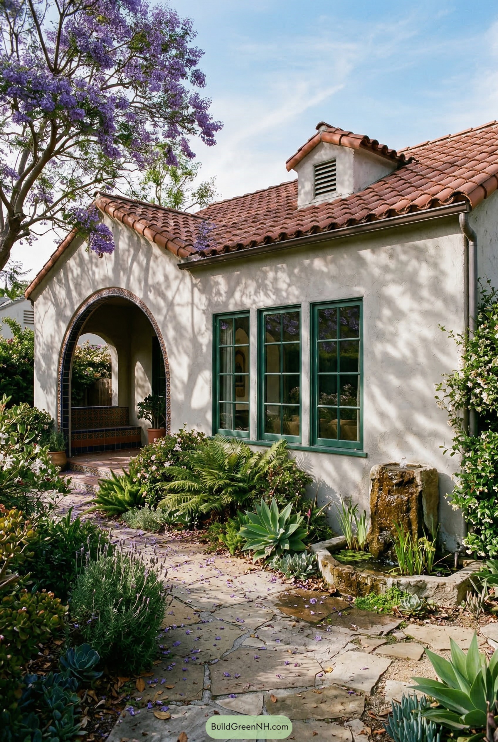 Spanish bungalow with arched porch and fountain