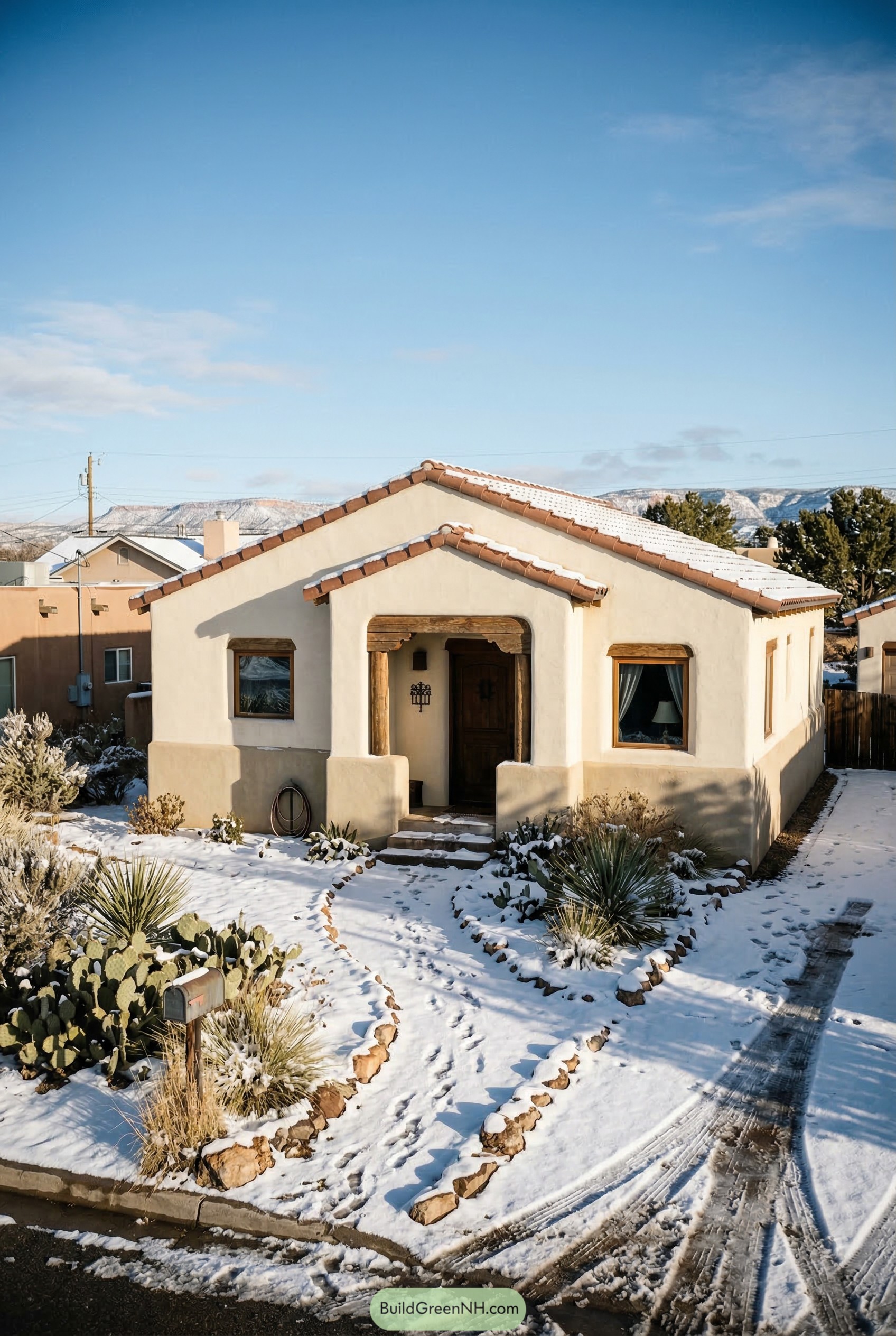 Spanish bungalow with snowy desert yard