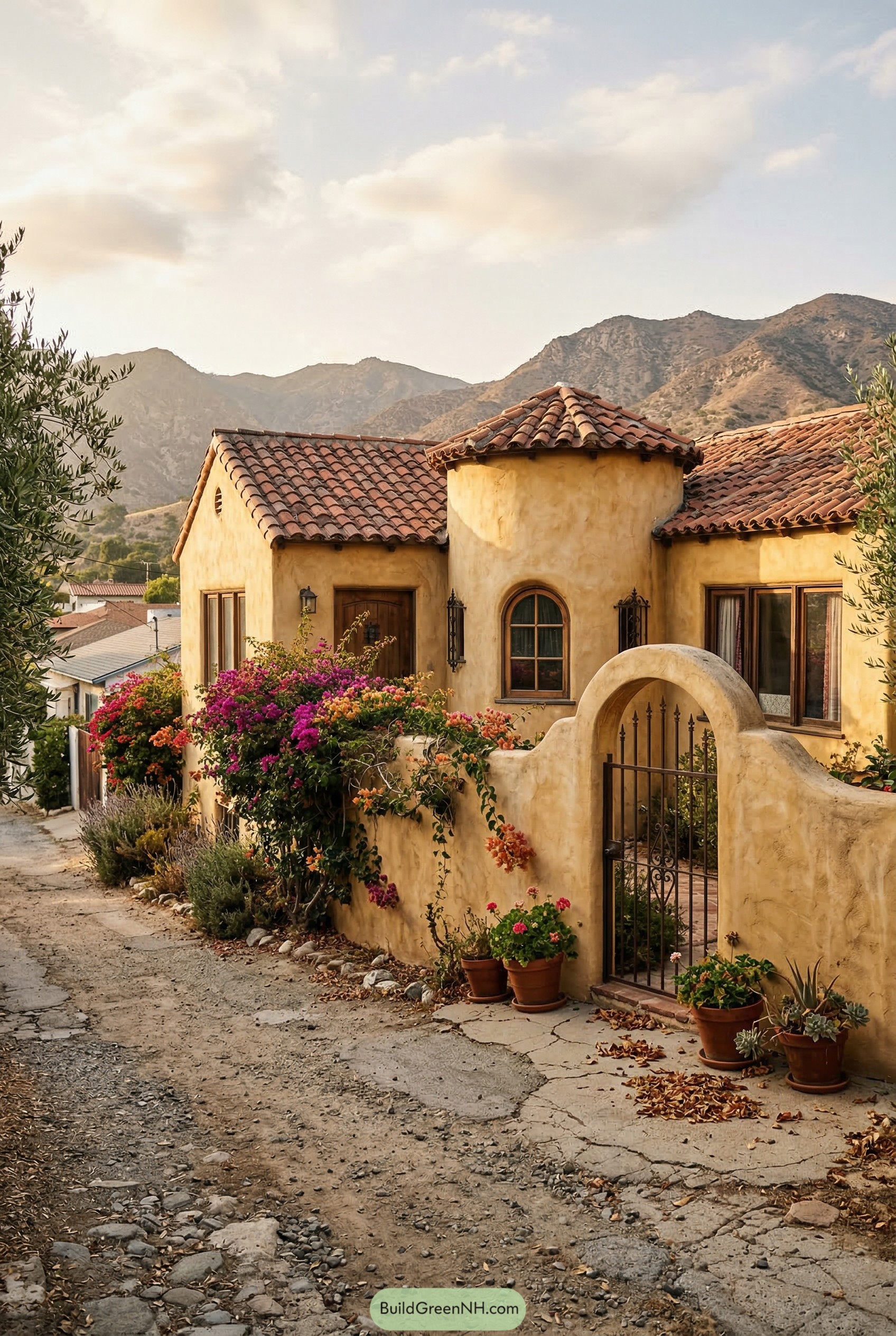 Spanish bungalow with turret gate and bougainvillea