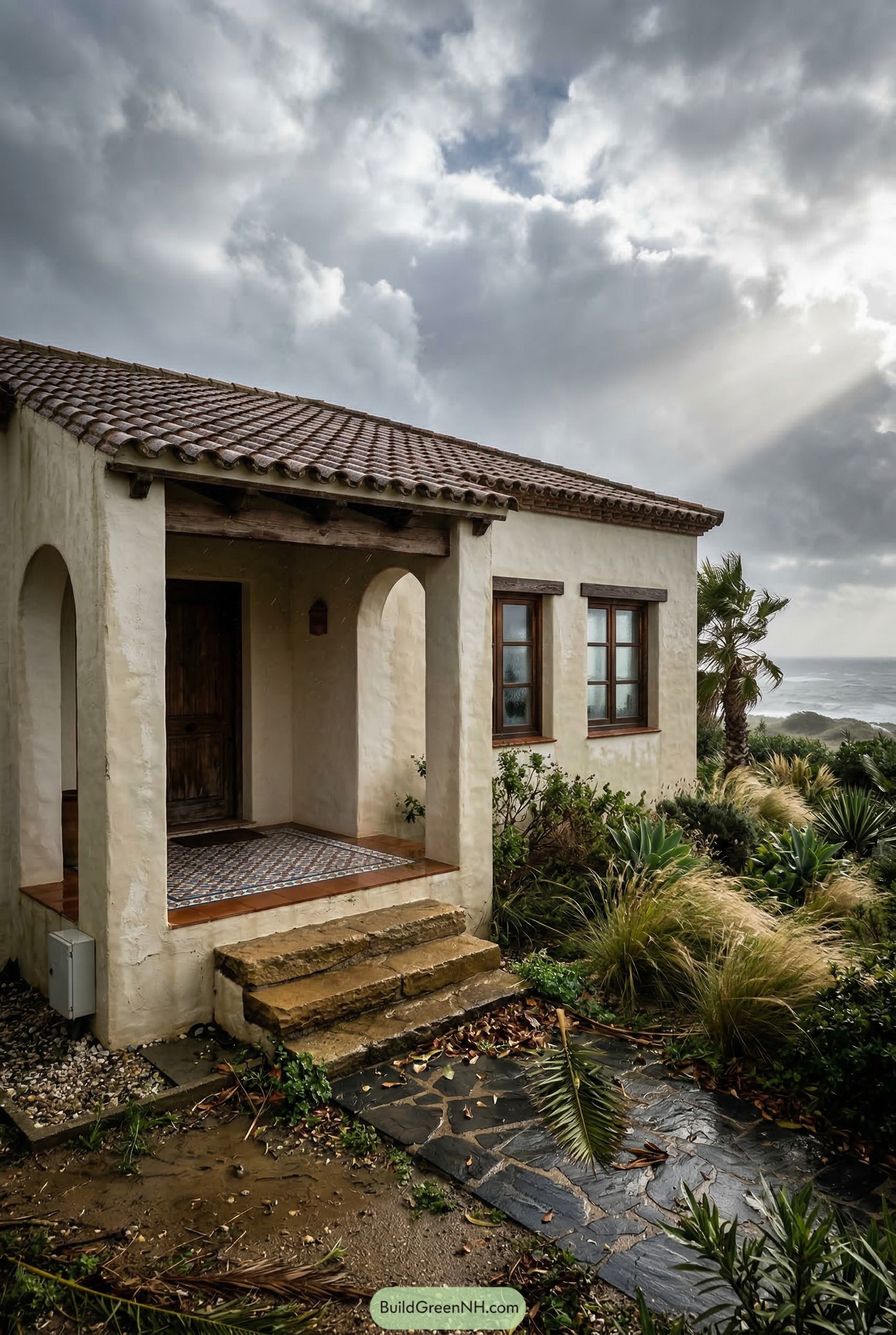 Cream stucco bungalow with arched porch by the coast