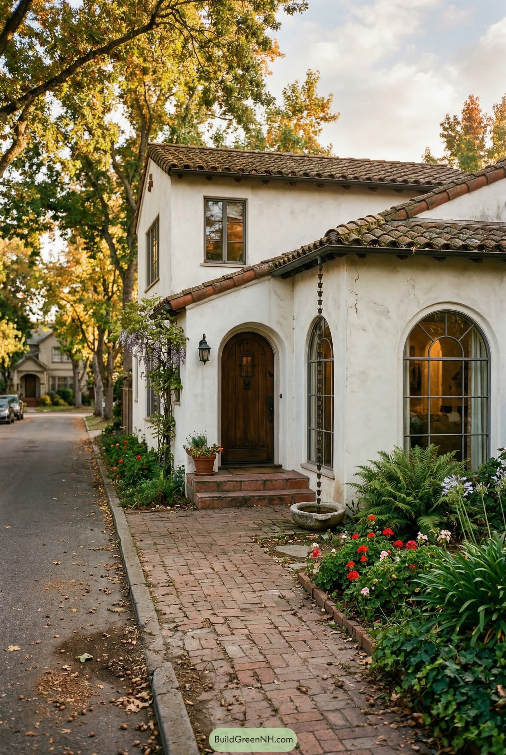 White stucco bungalow with arched windows