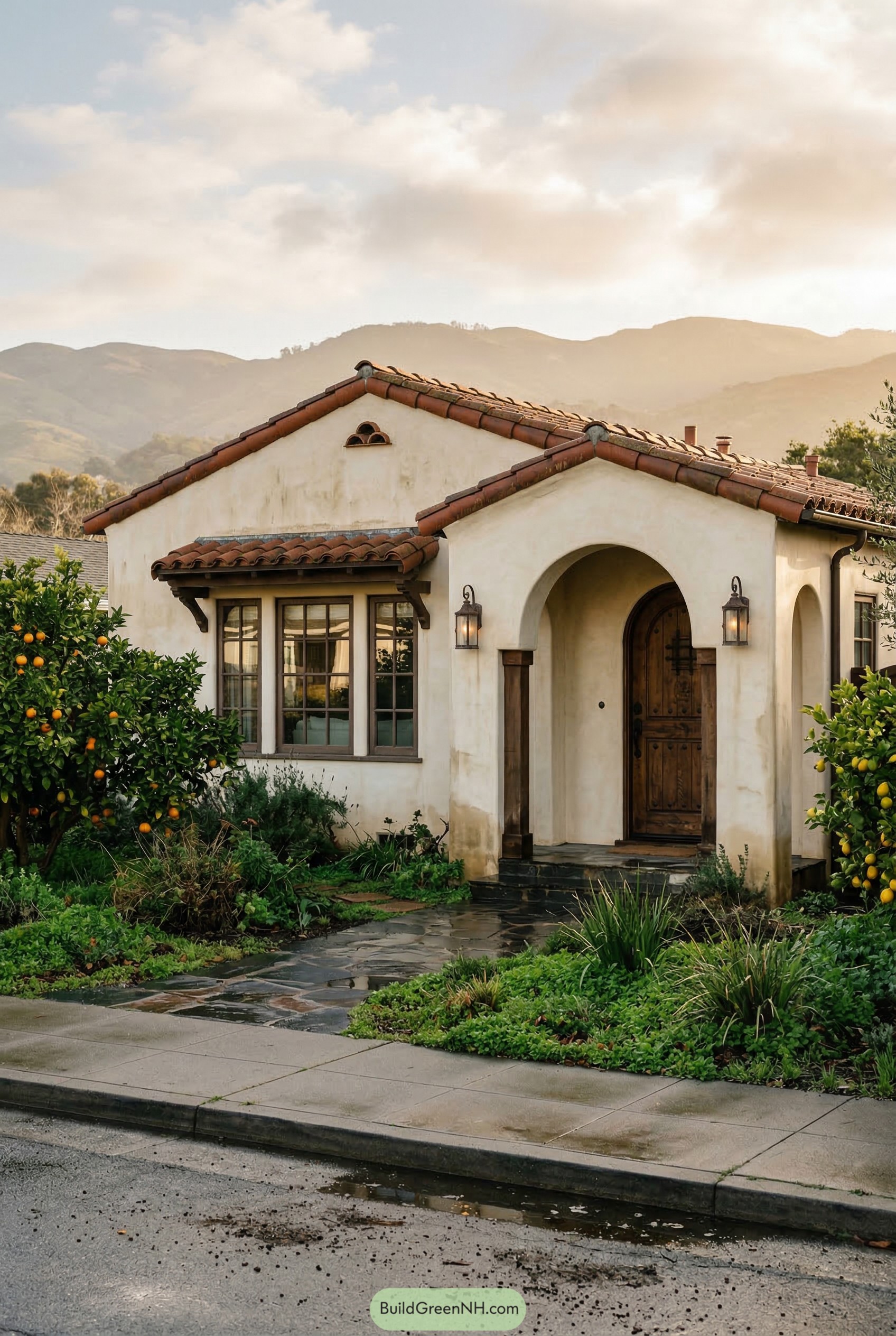 Spanish bungalow with arched porch and tile roof