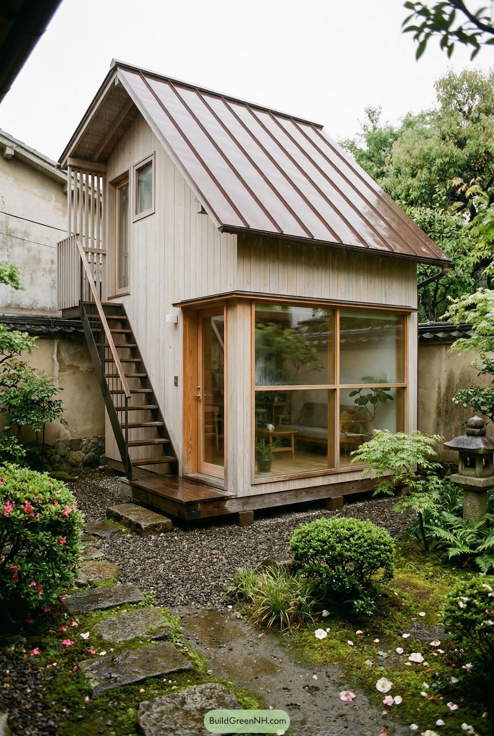 Two story shed house with a steep metal roof in a mossy garden