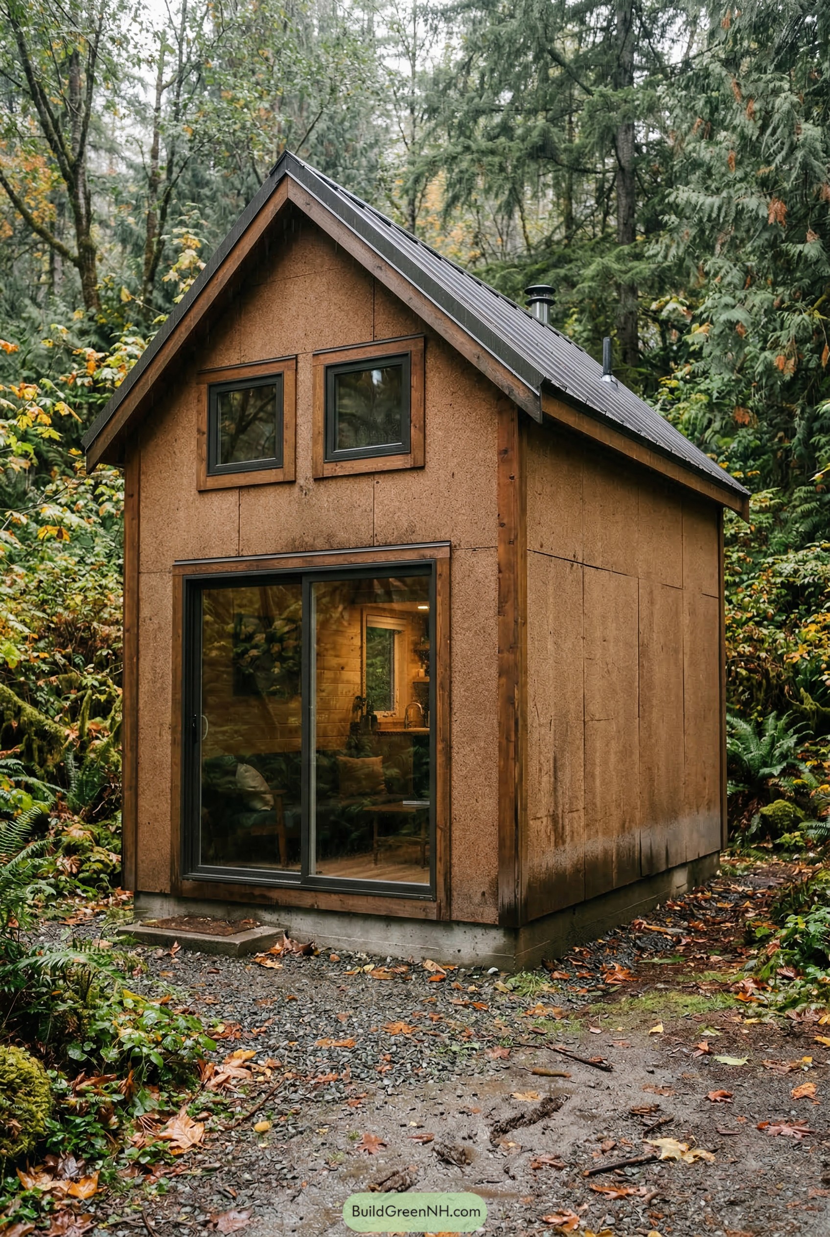 Tiny two story wood cabin in forest