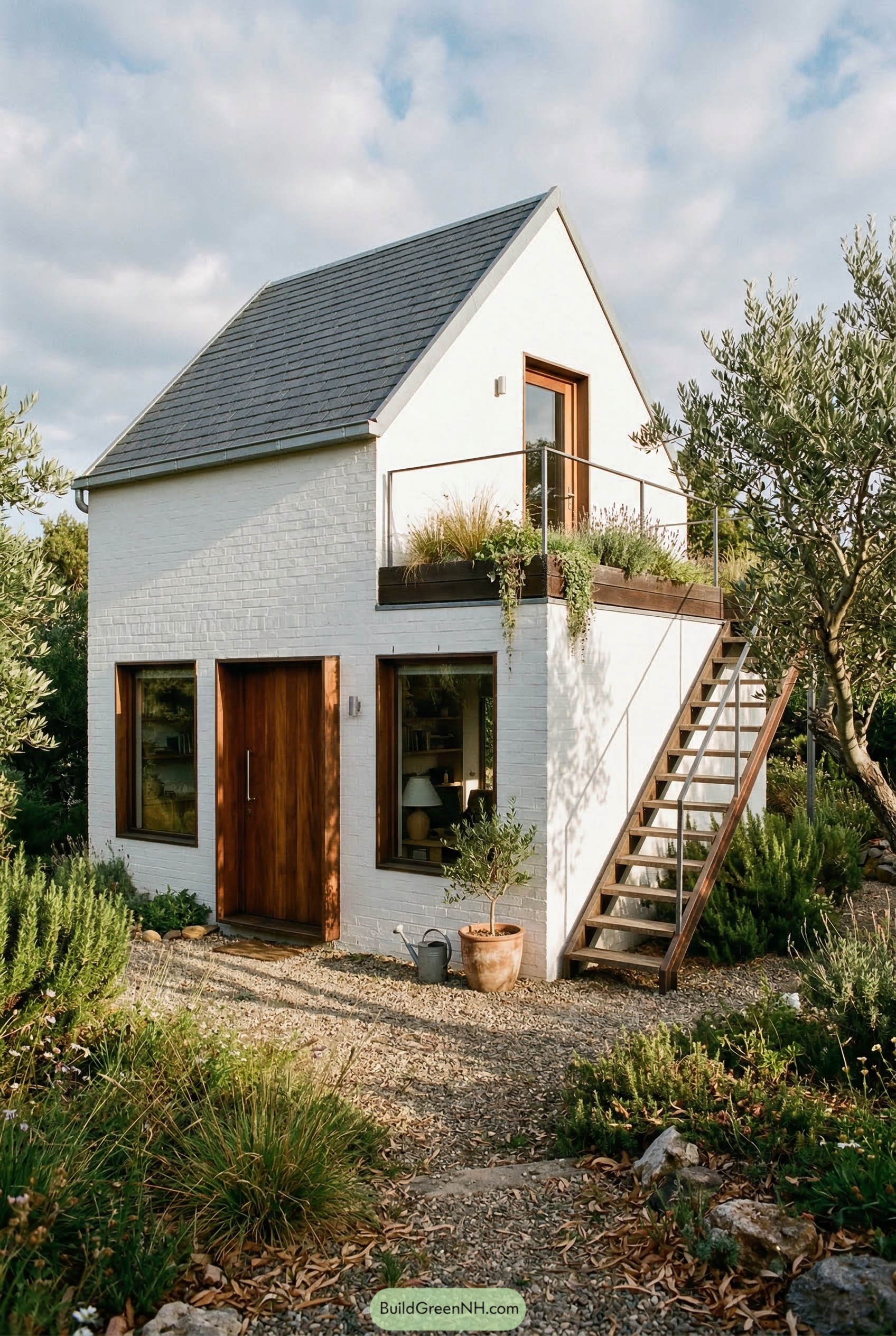 White two story shed house with exterior stair and terrace
