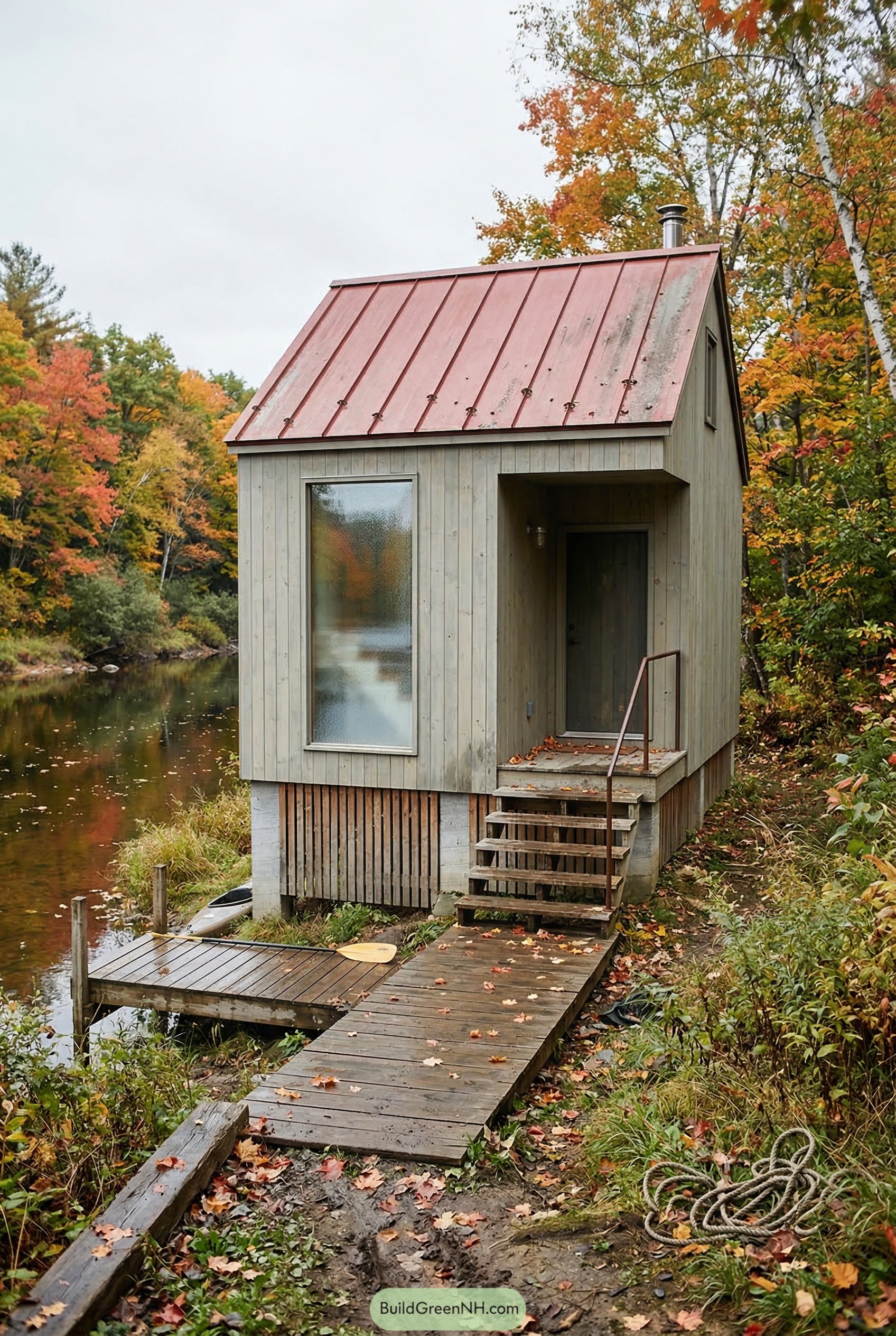 Small wood cabin beside a river dock