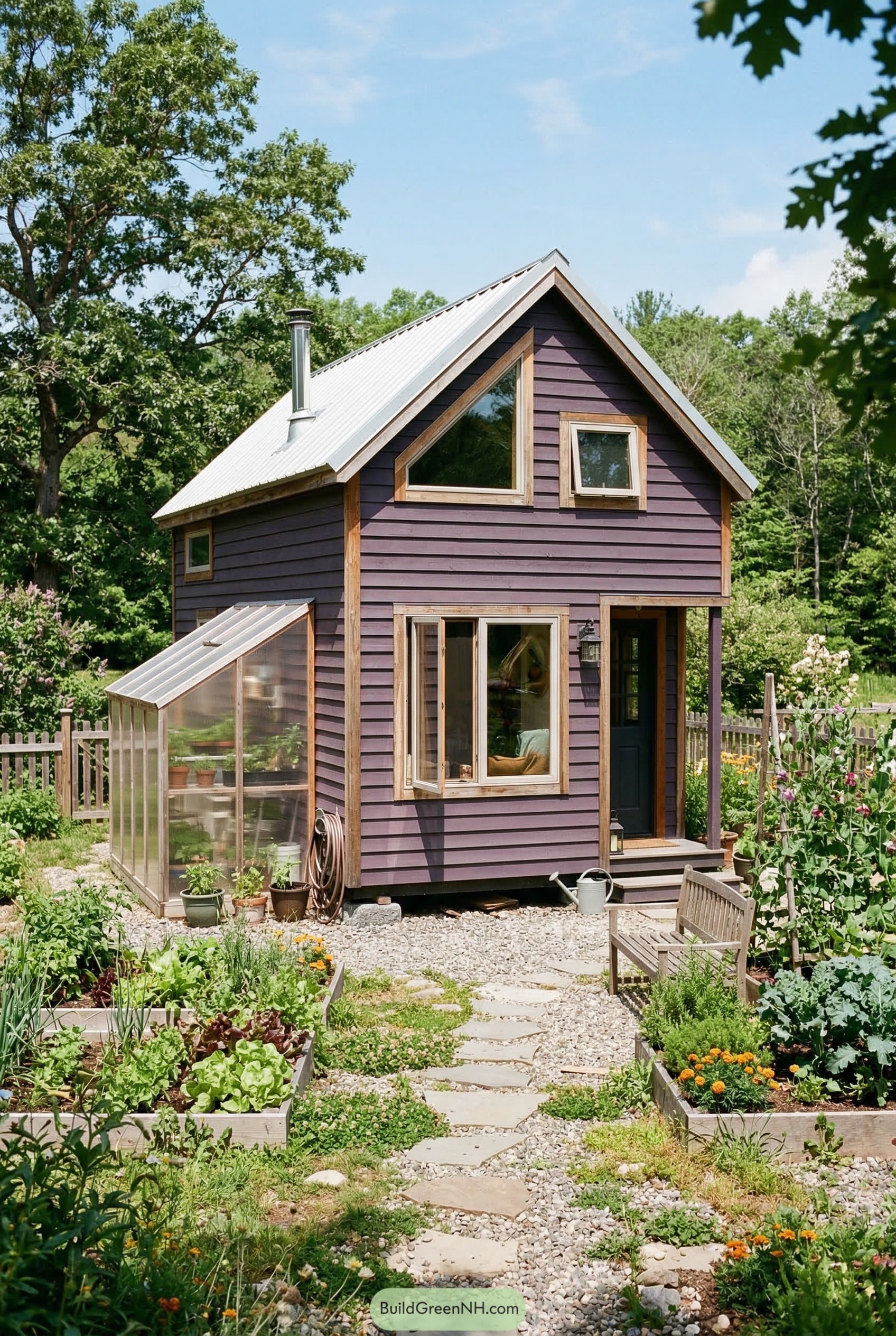 Purple two story shed house with greenhouse