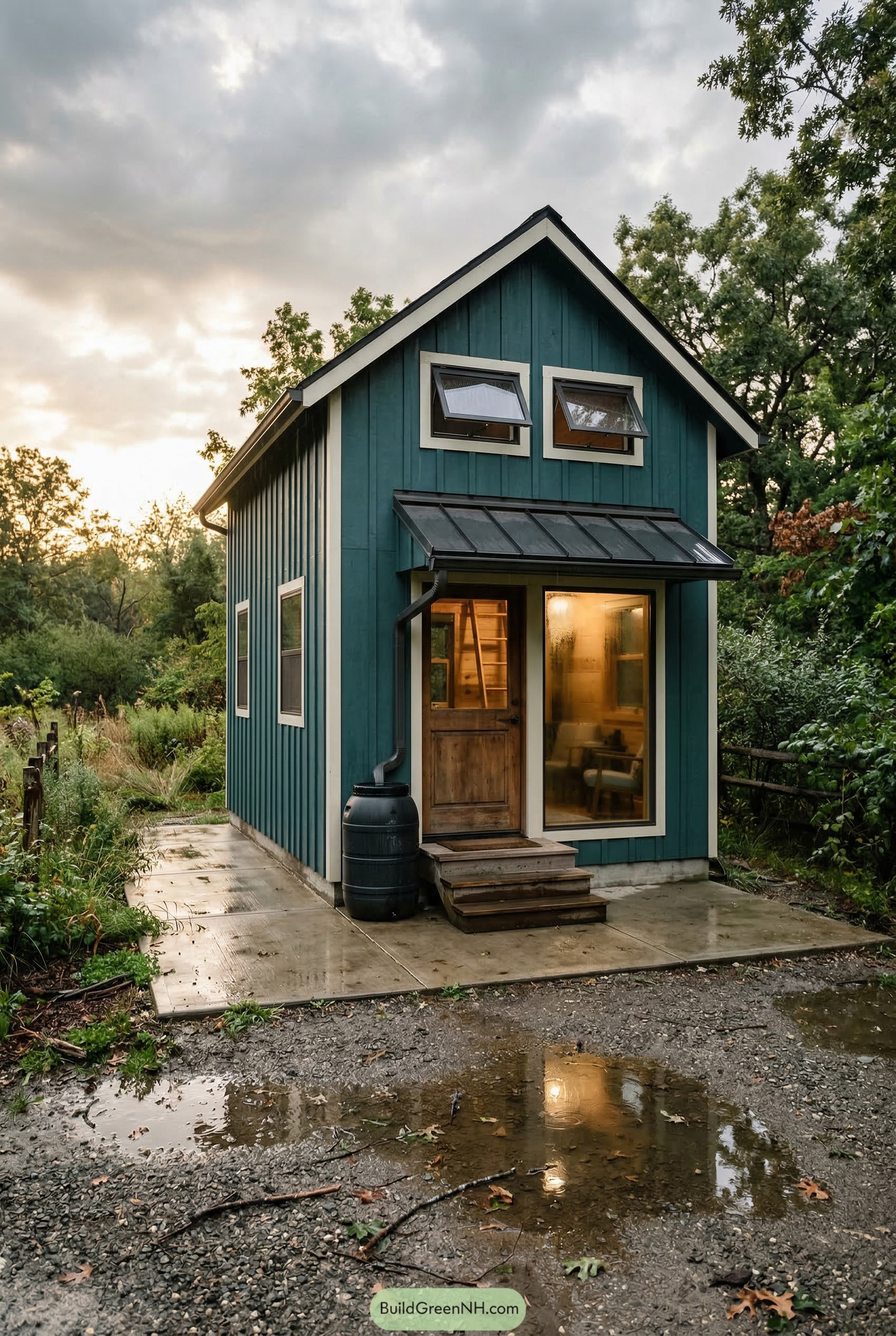 Teal two story tiny shed house with gable roof