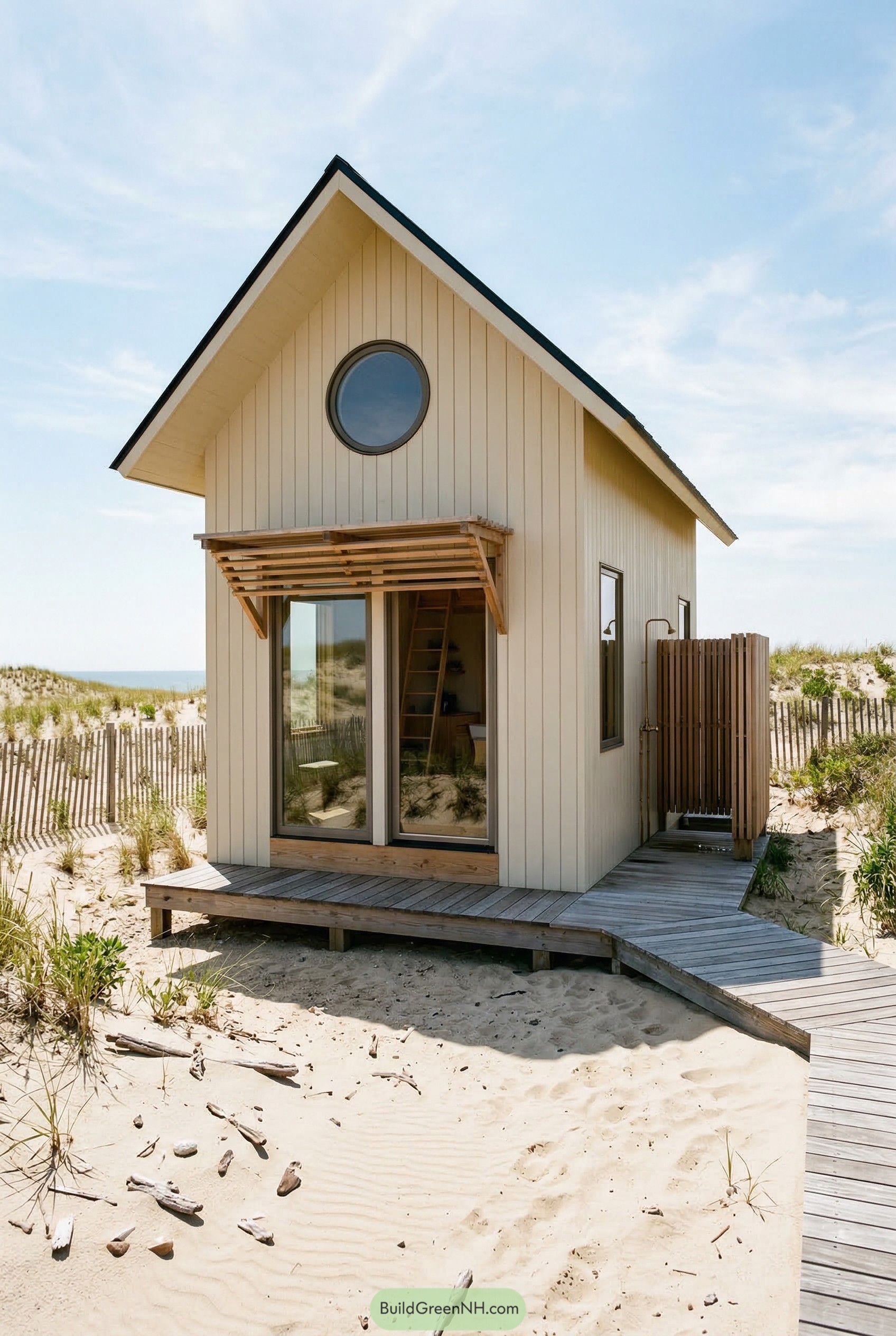 Tiny white beach shed house with round window