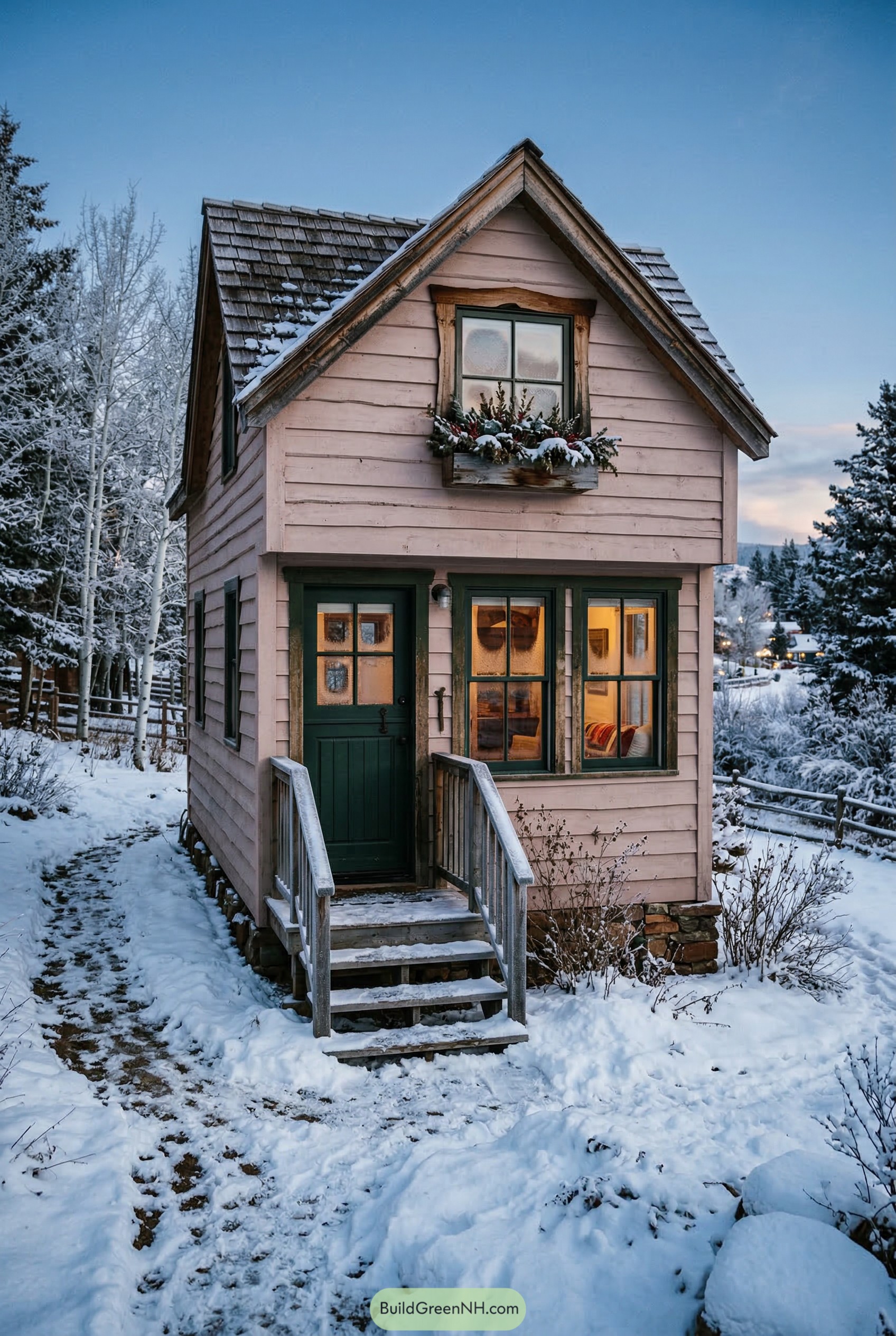 Tiny blush cottage with green trim in snow