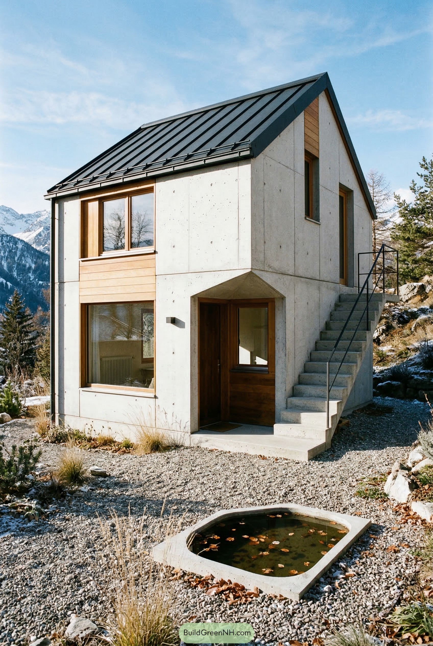 Tiny concrete gable house with side stair