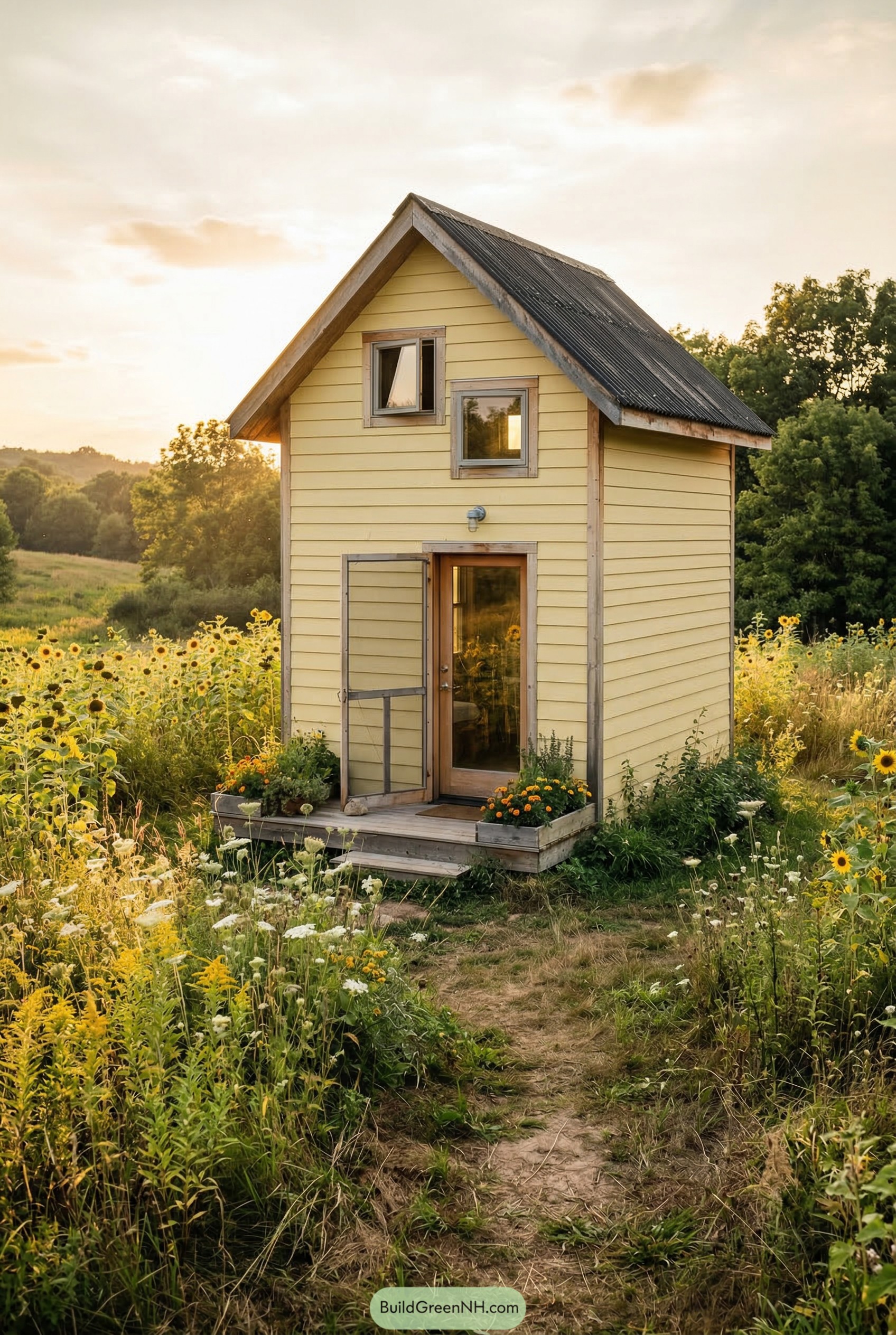 Pale yellow two story shed house in a wildflower field