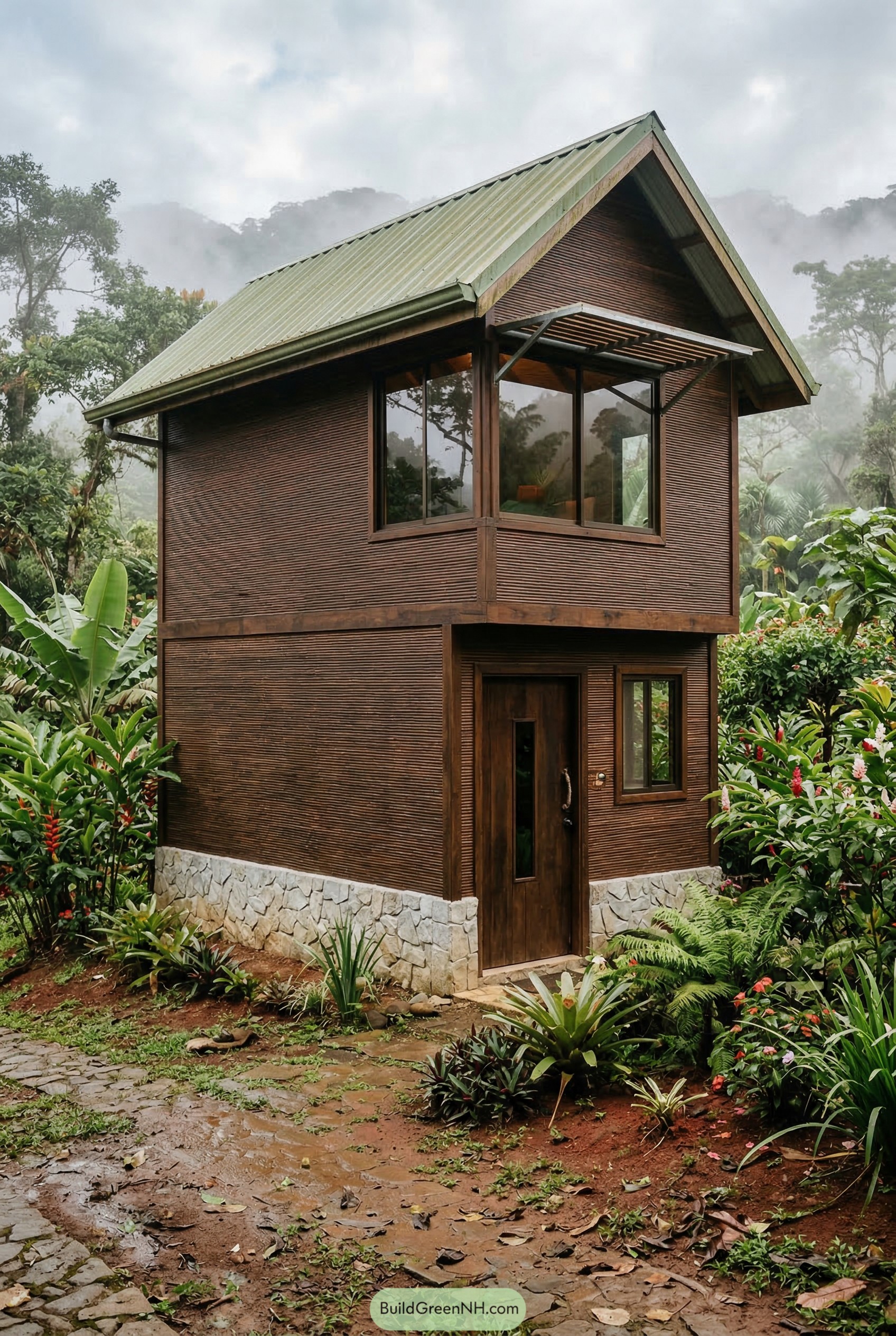 Two story wooden shed house with a green metal roof in a tropical garden