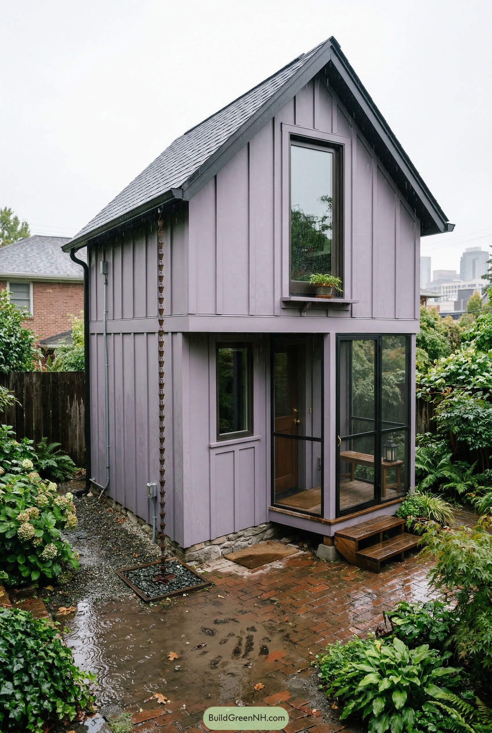 Tall lavender two story shed house with screened porch