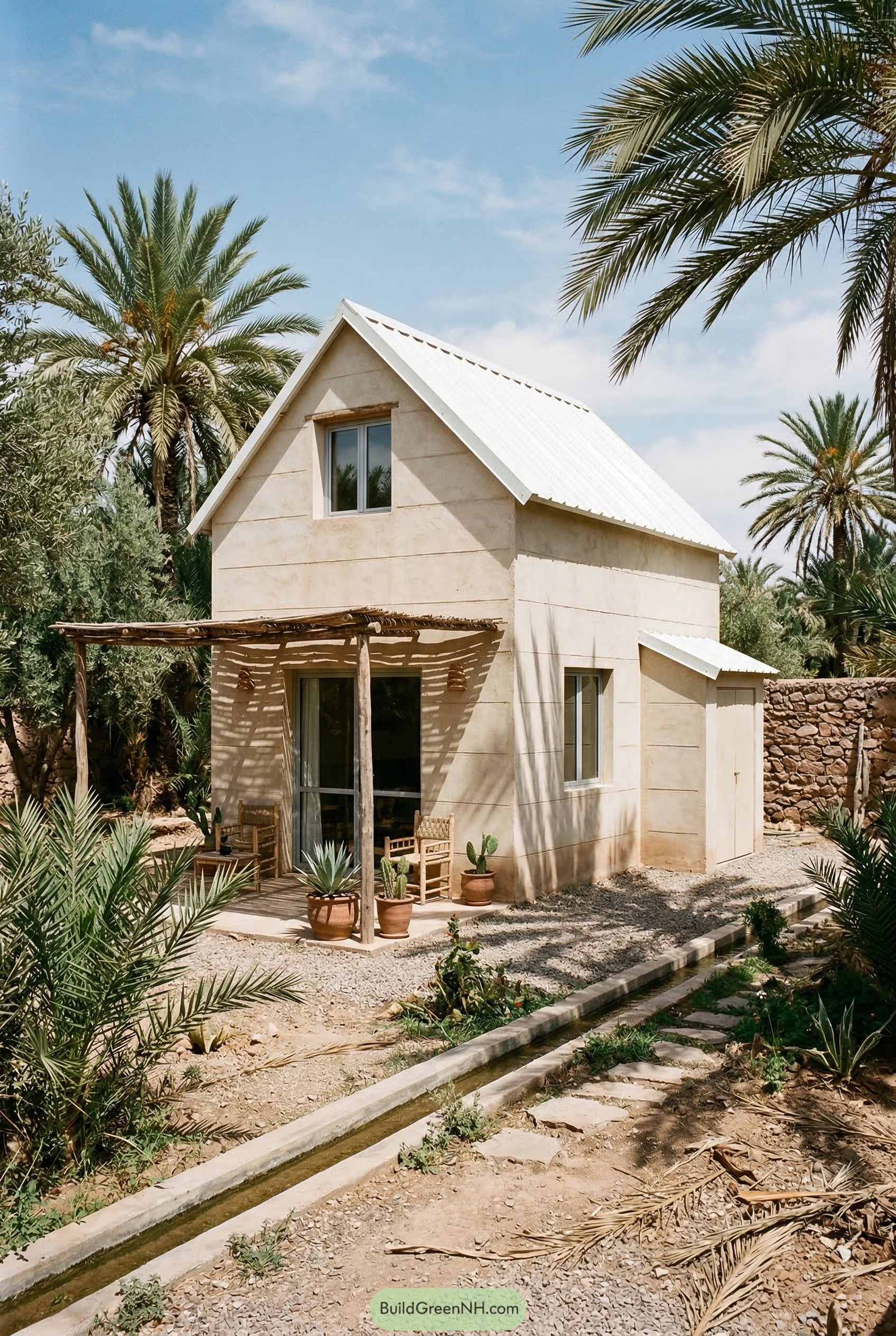 Tiny cream two story shed house in a palm oasis