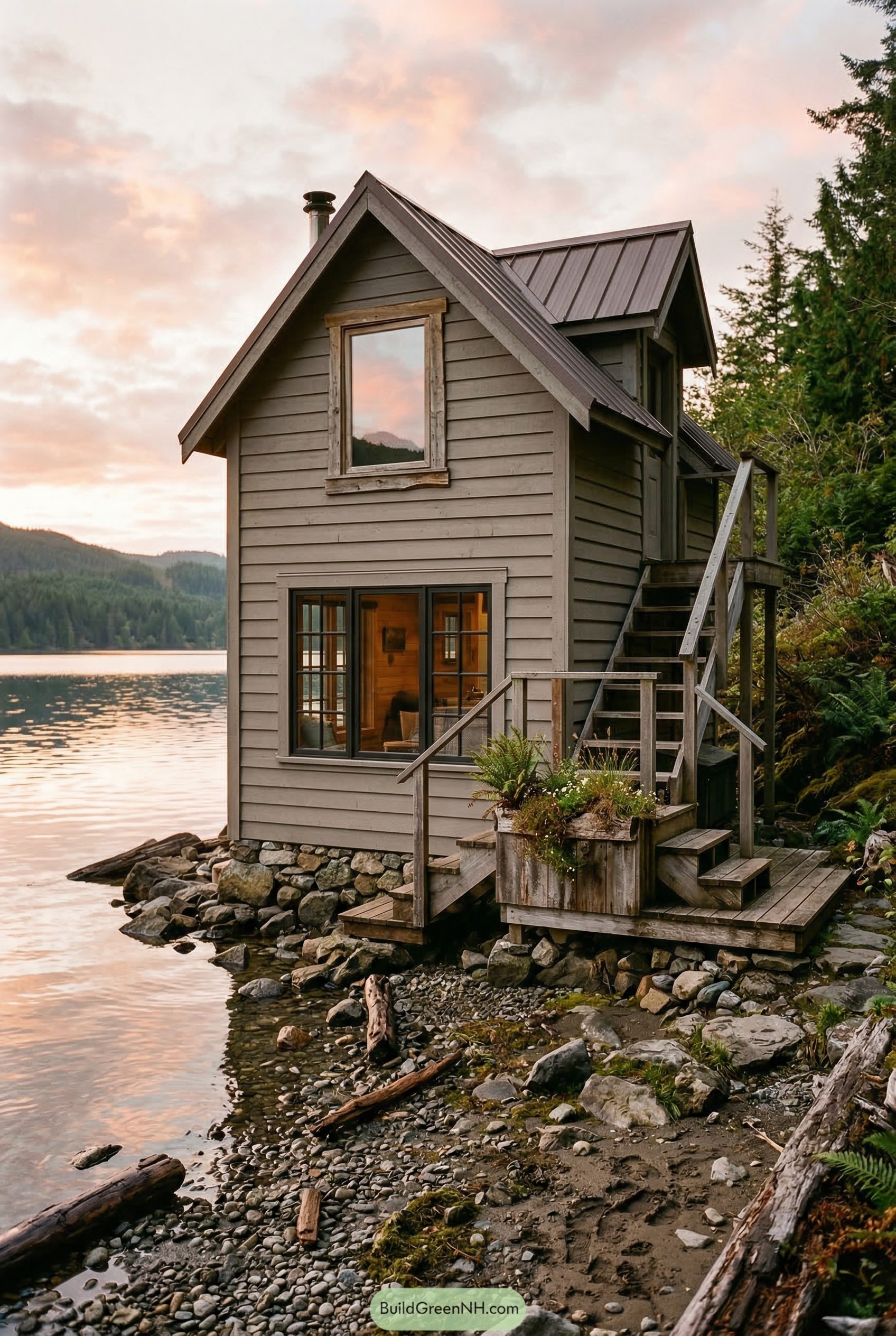 Gray two story cabin by a lake