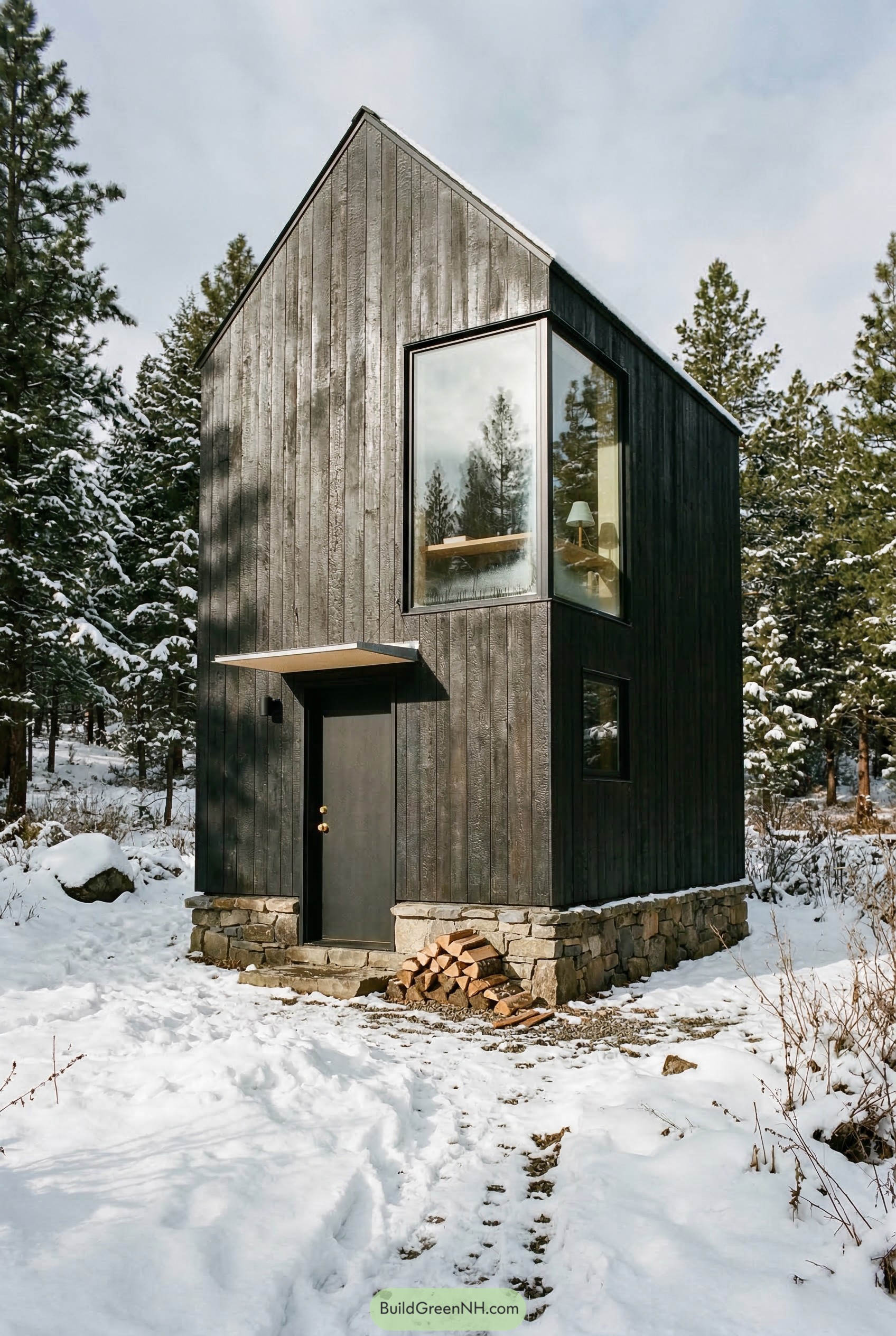 Black two story shed house in snow