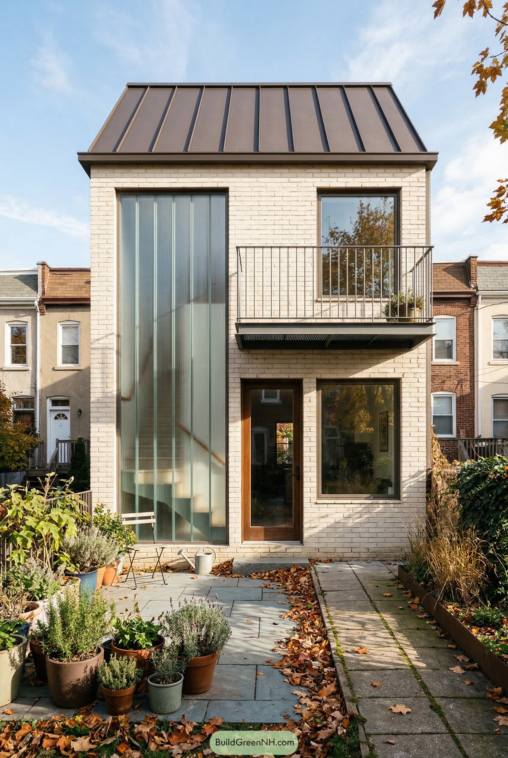 White brick shed house with tall glass stair wall