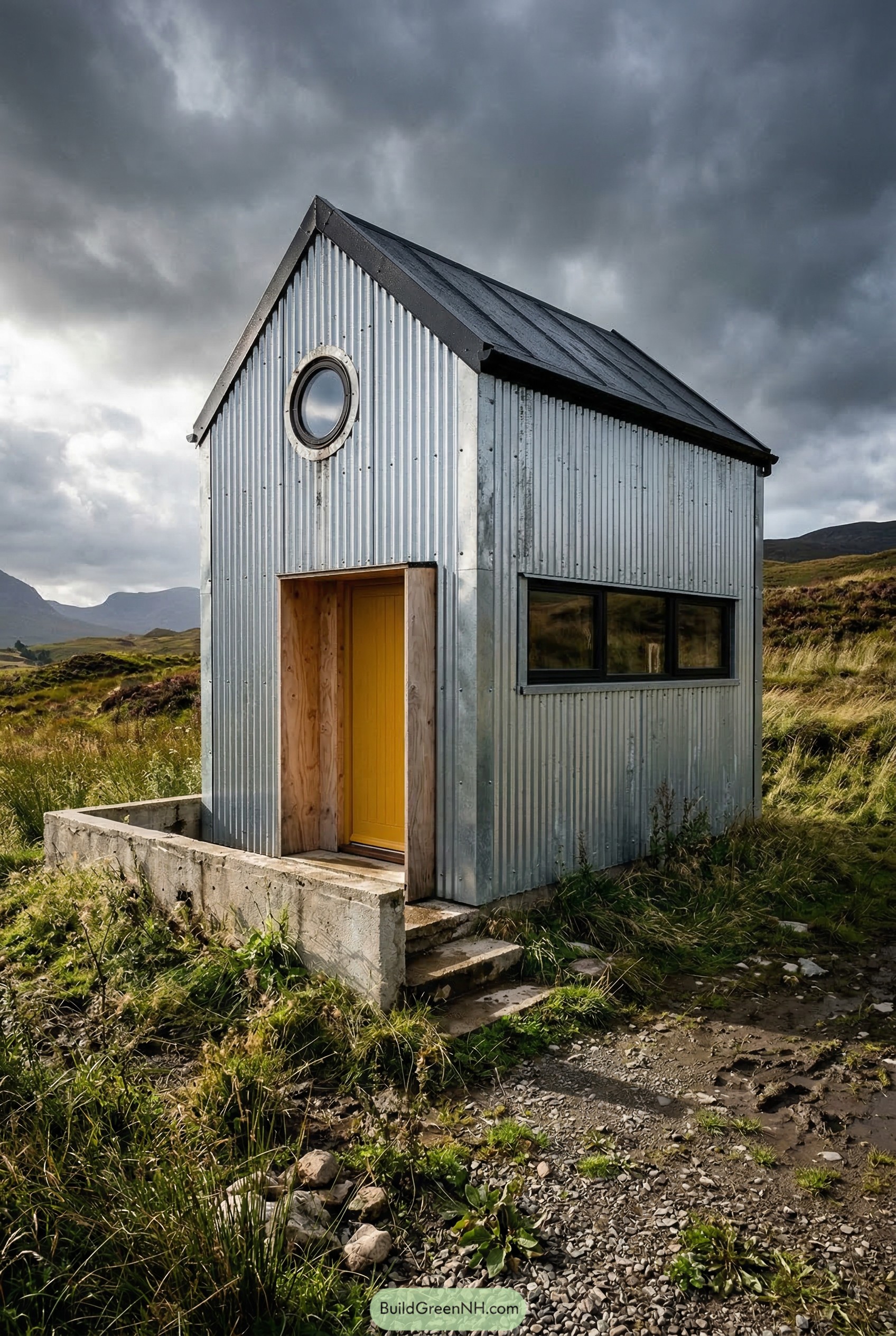 Tiny corrugated metal shed house with yellow door