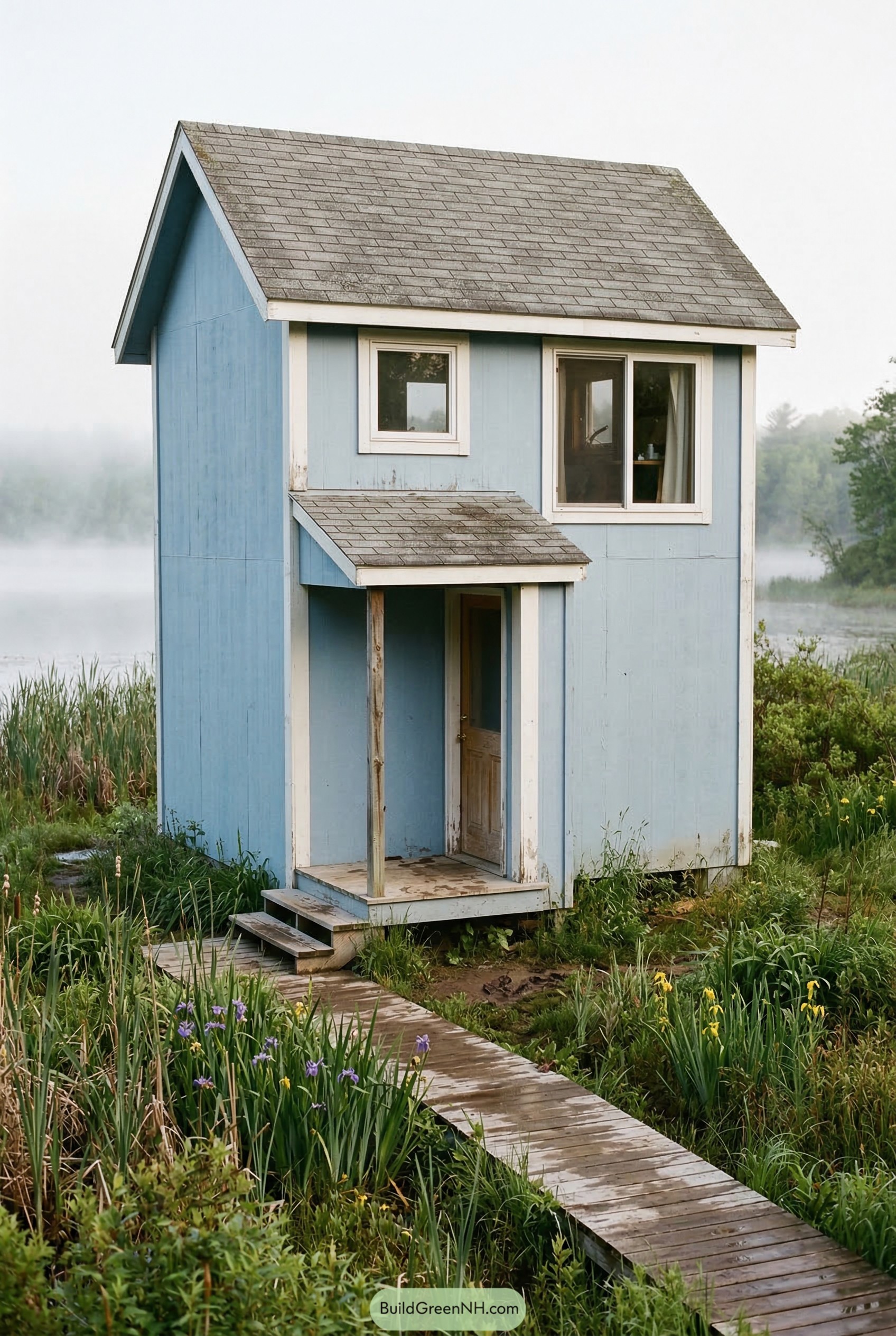 Tiny blue two story shed house by marsh