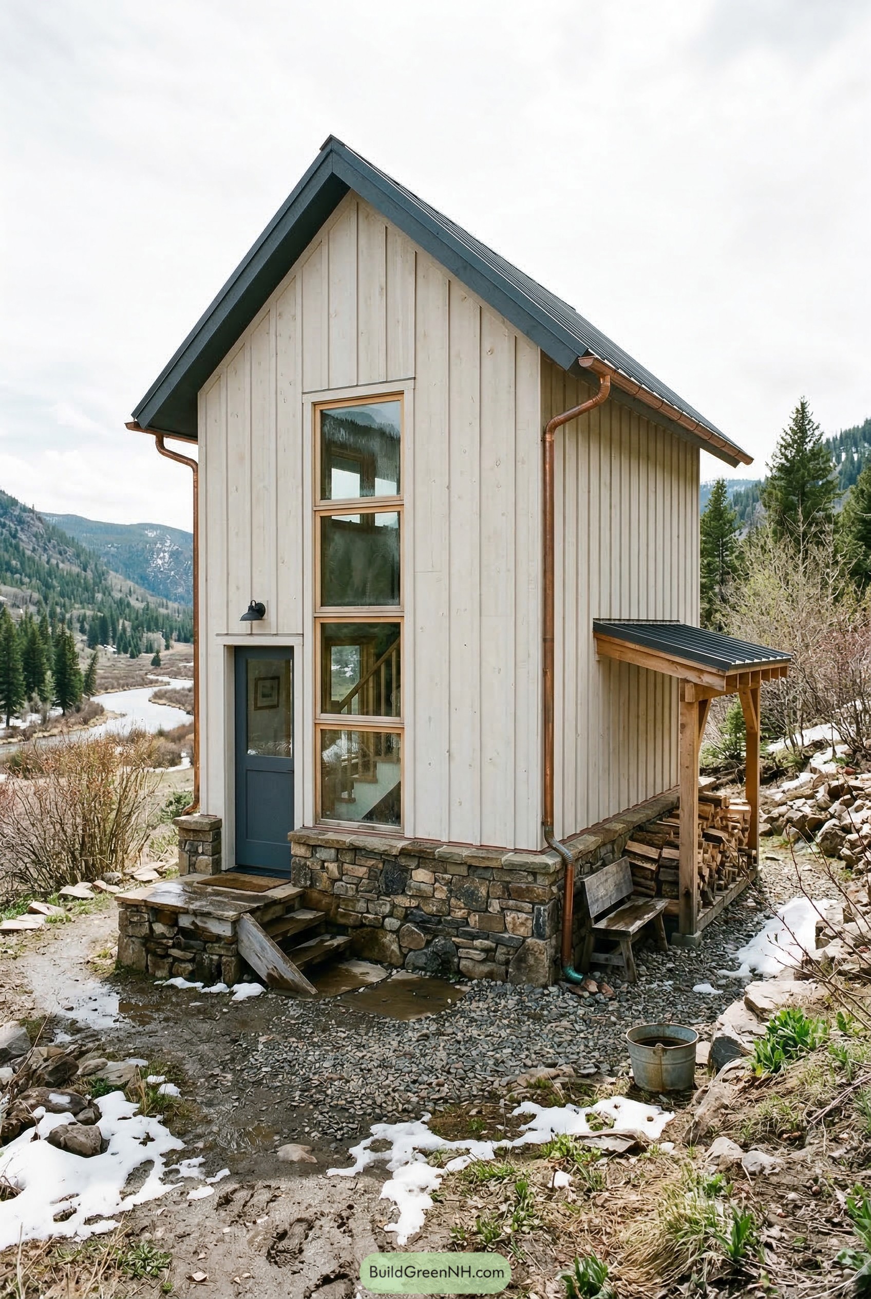Tiny two story cottage with pale siding and stone base