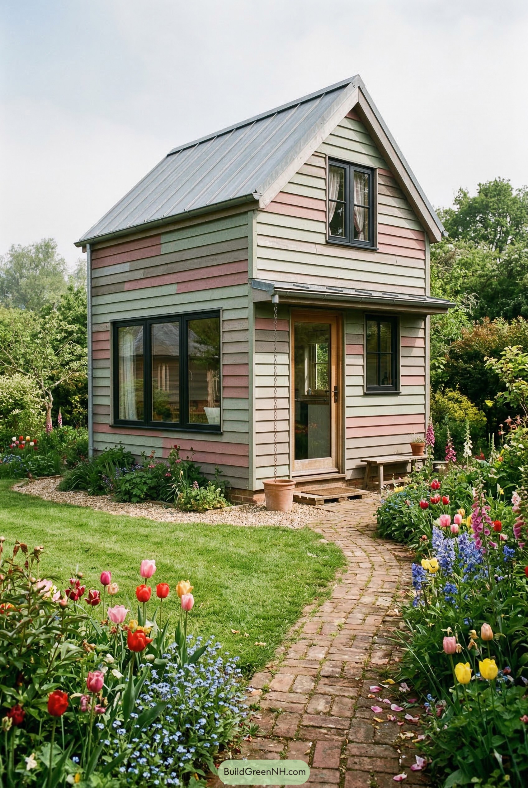 Two story pastel shed house in a flower garden