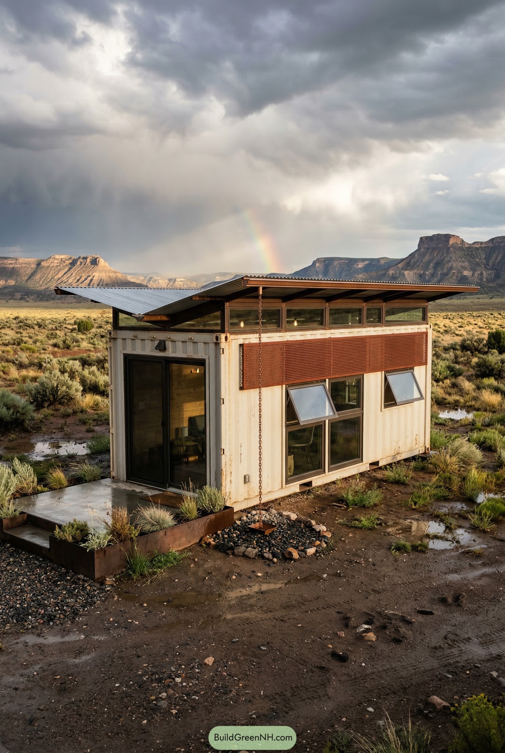 White container home with sloped roof in desert
