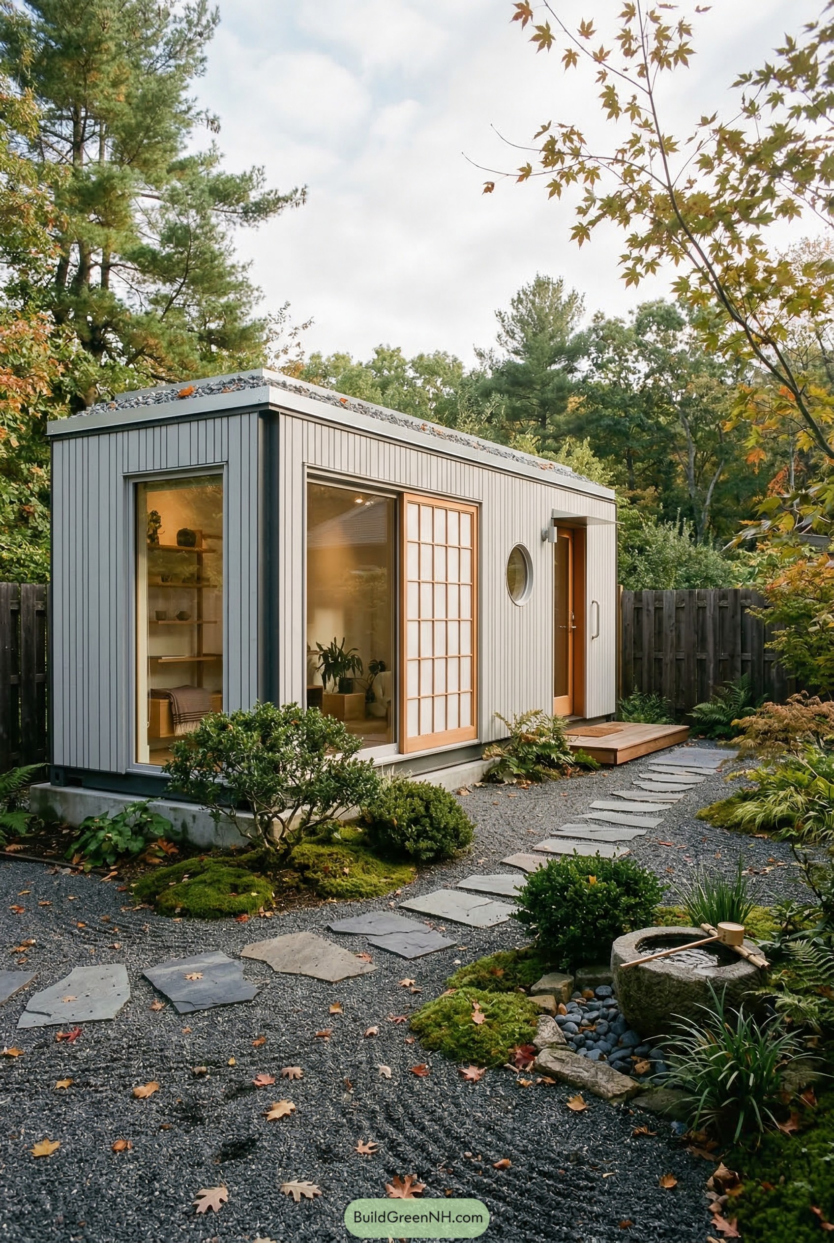 Tiny gray garden studio with shoji doors