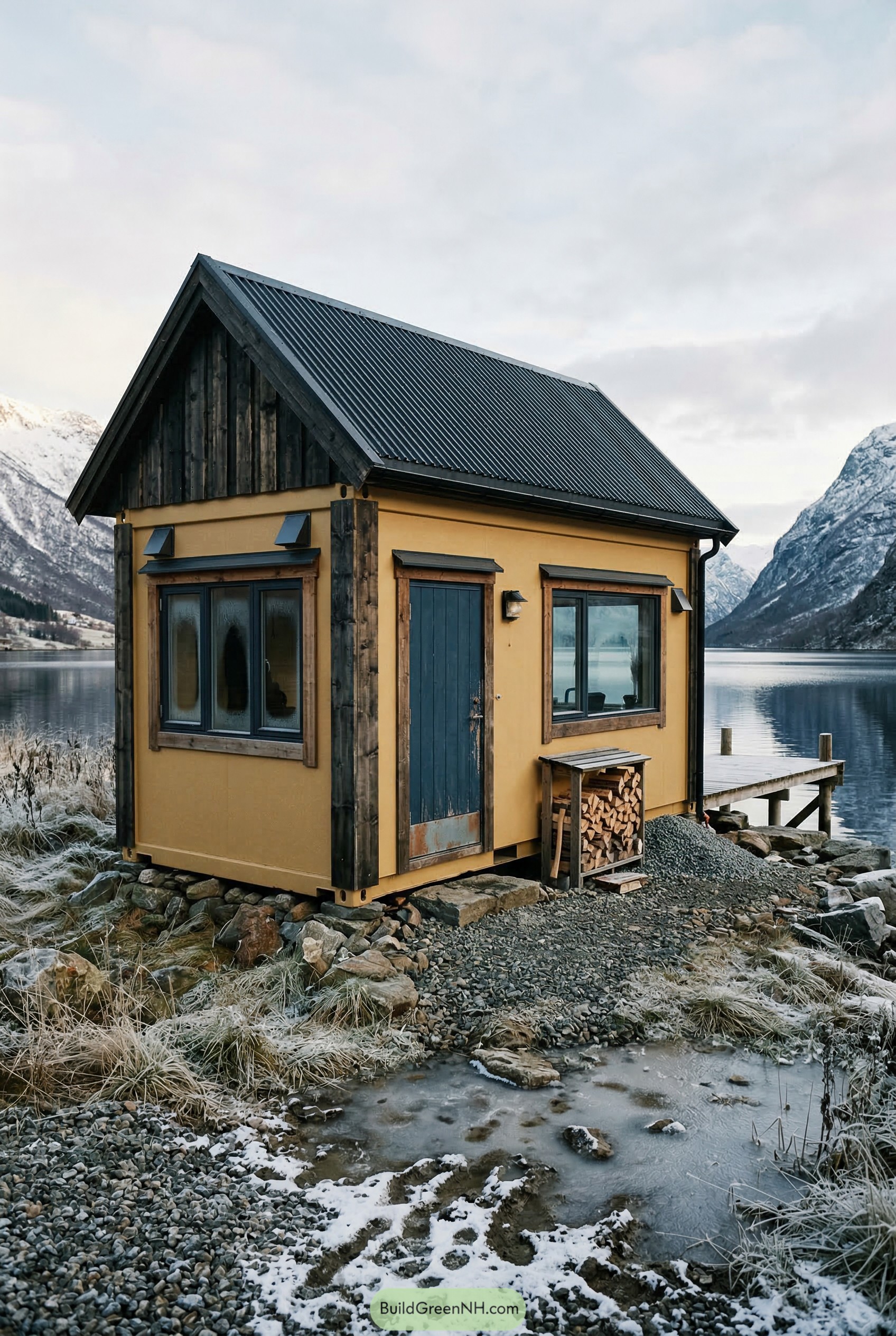 Tiny ochre container house with steep gable roof by a lake