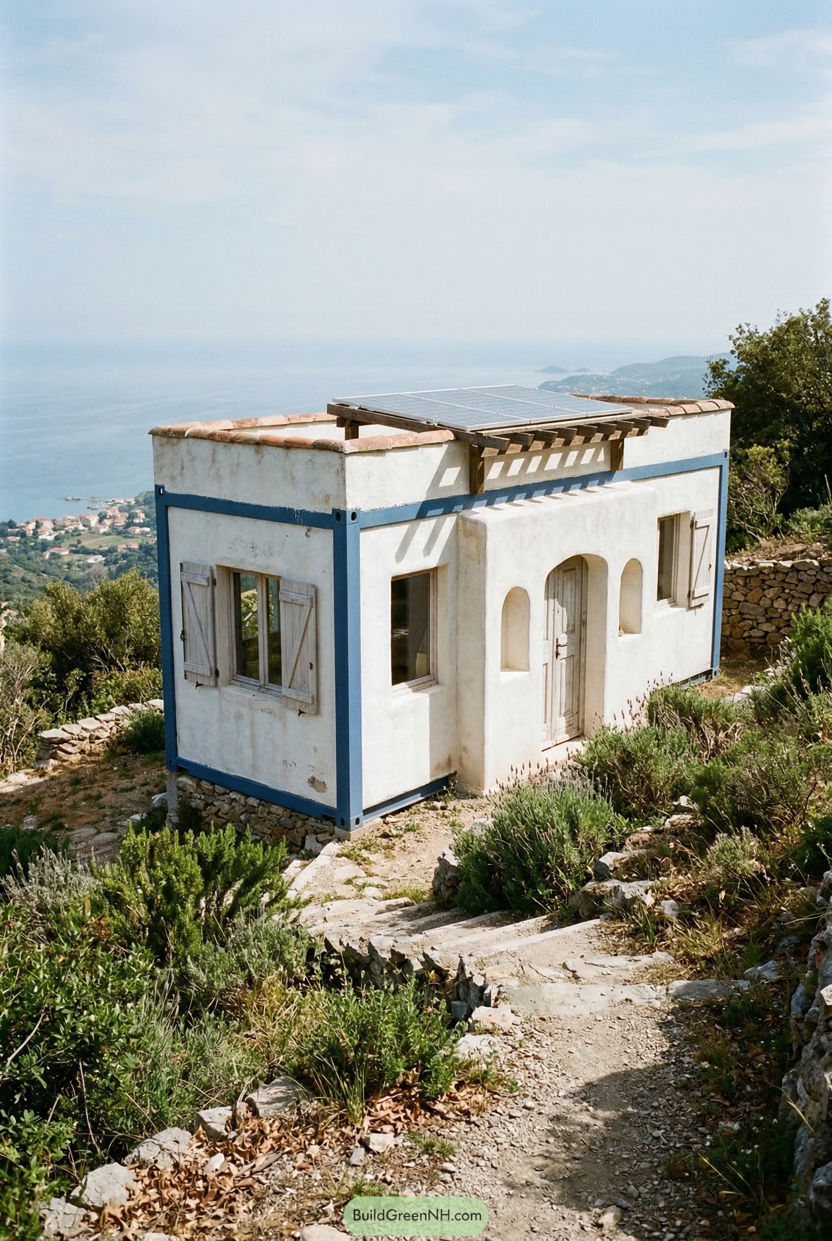 White container cottage on a rocky hillside overlooking the sea