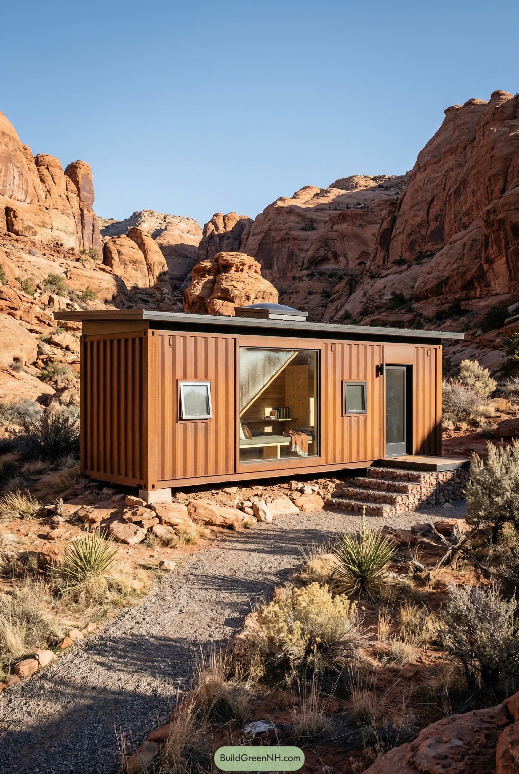 Wood clad container cabin in a red rock canyon