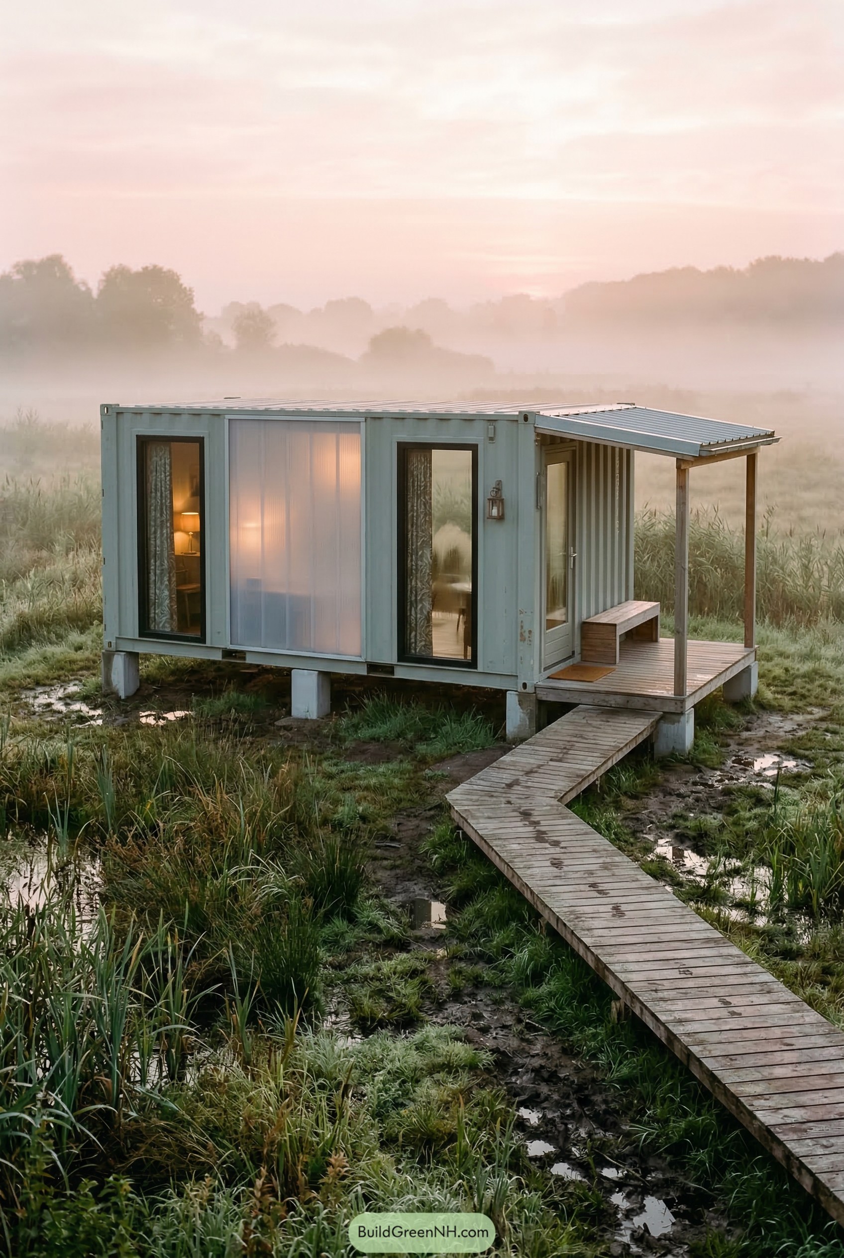 Small container cabin on stilts with porch in misty marsh