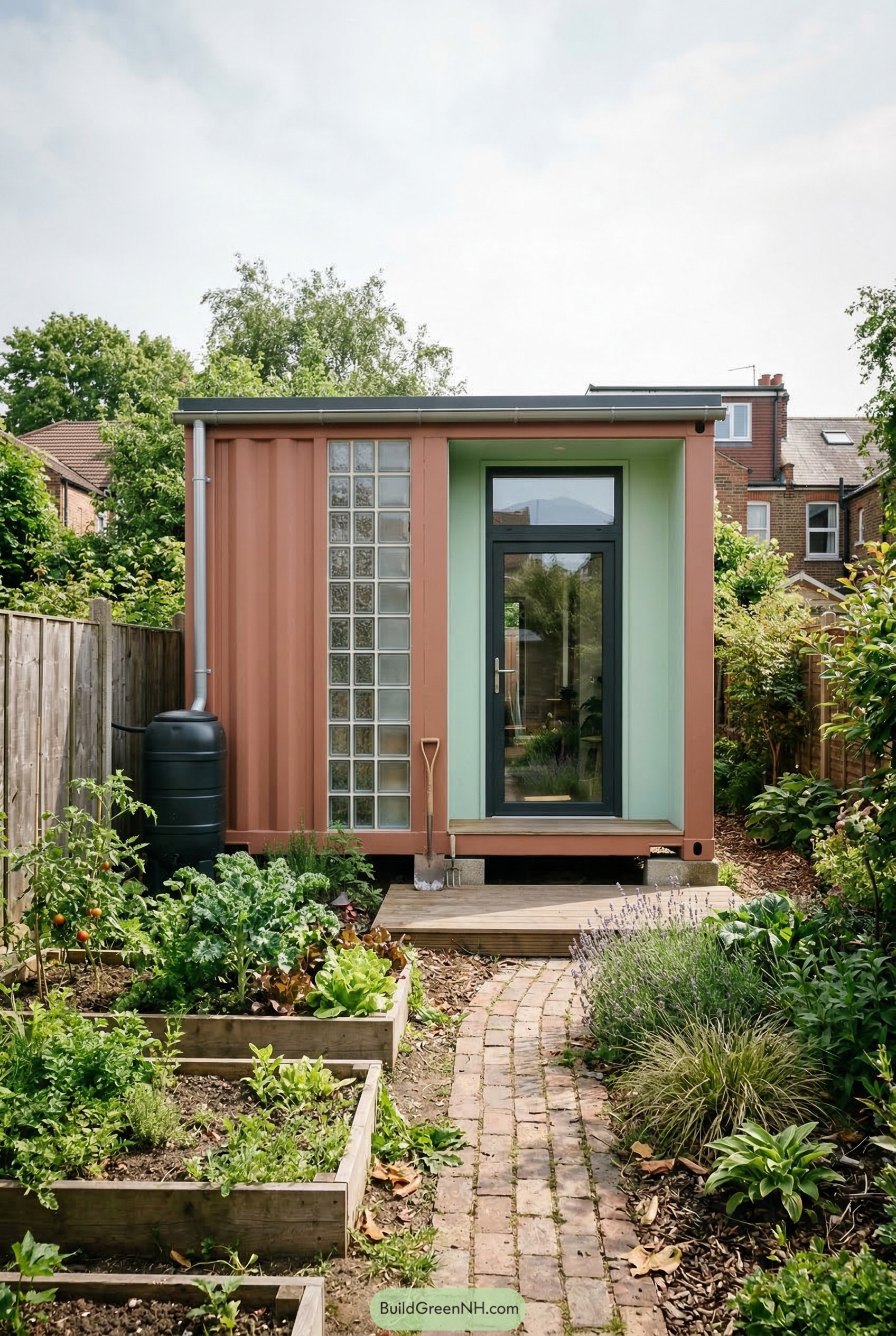 Compact container studio in a lush backyard garden