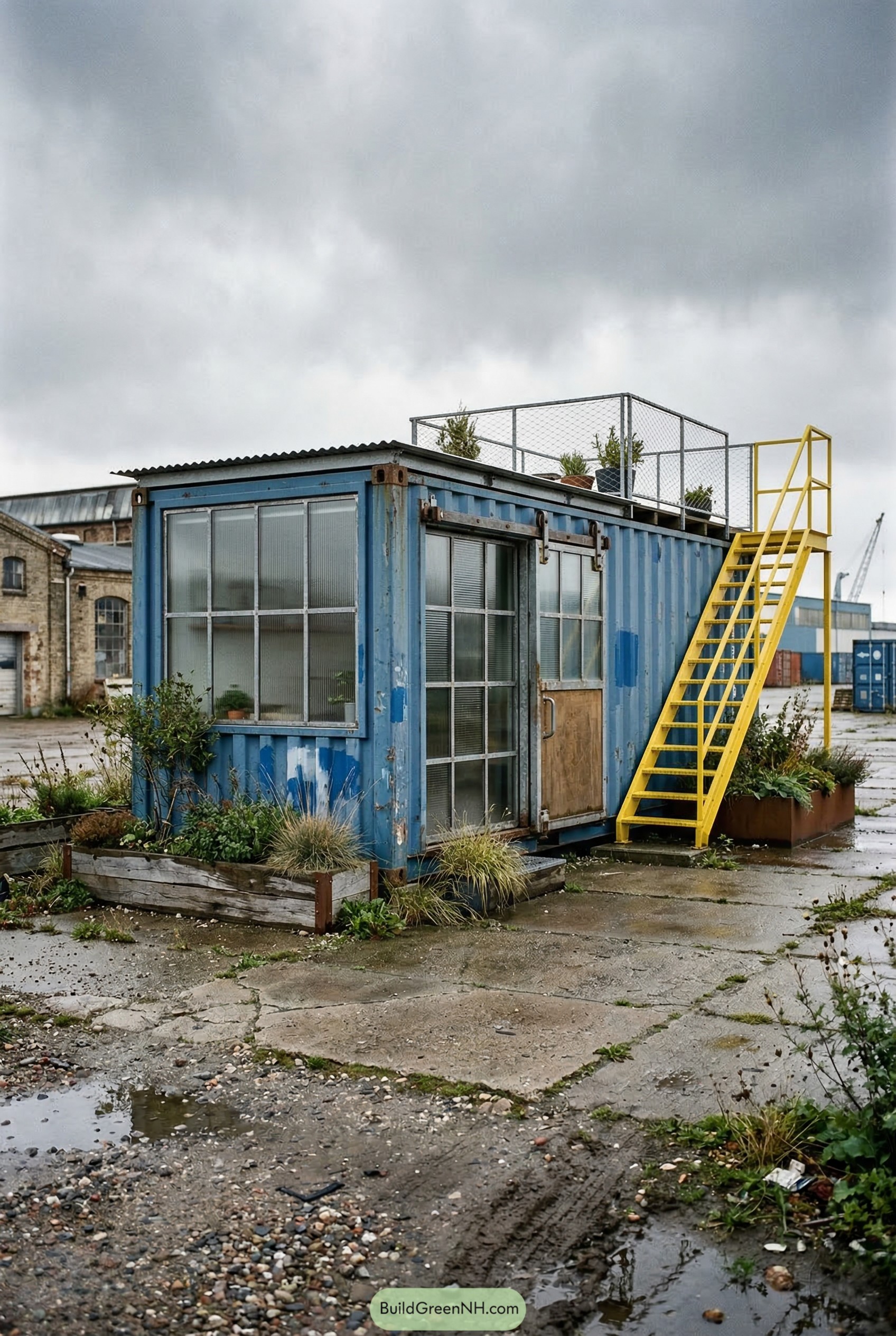 Blue container house with yellow stairs and rooftop deck