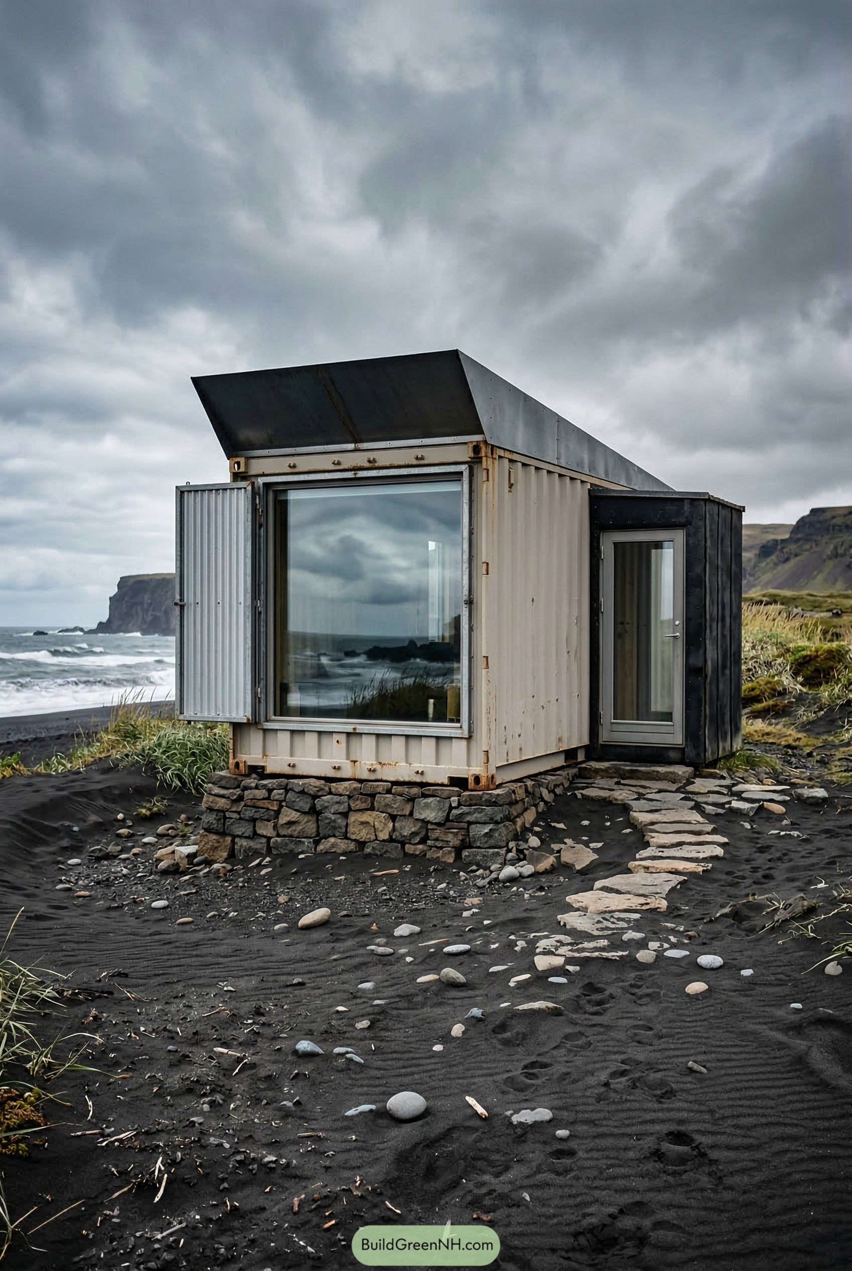 Tiny container cabin on a black sand beach