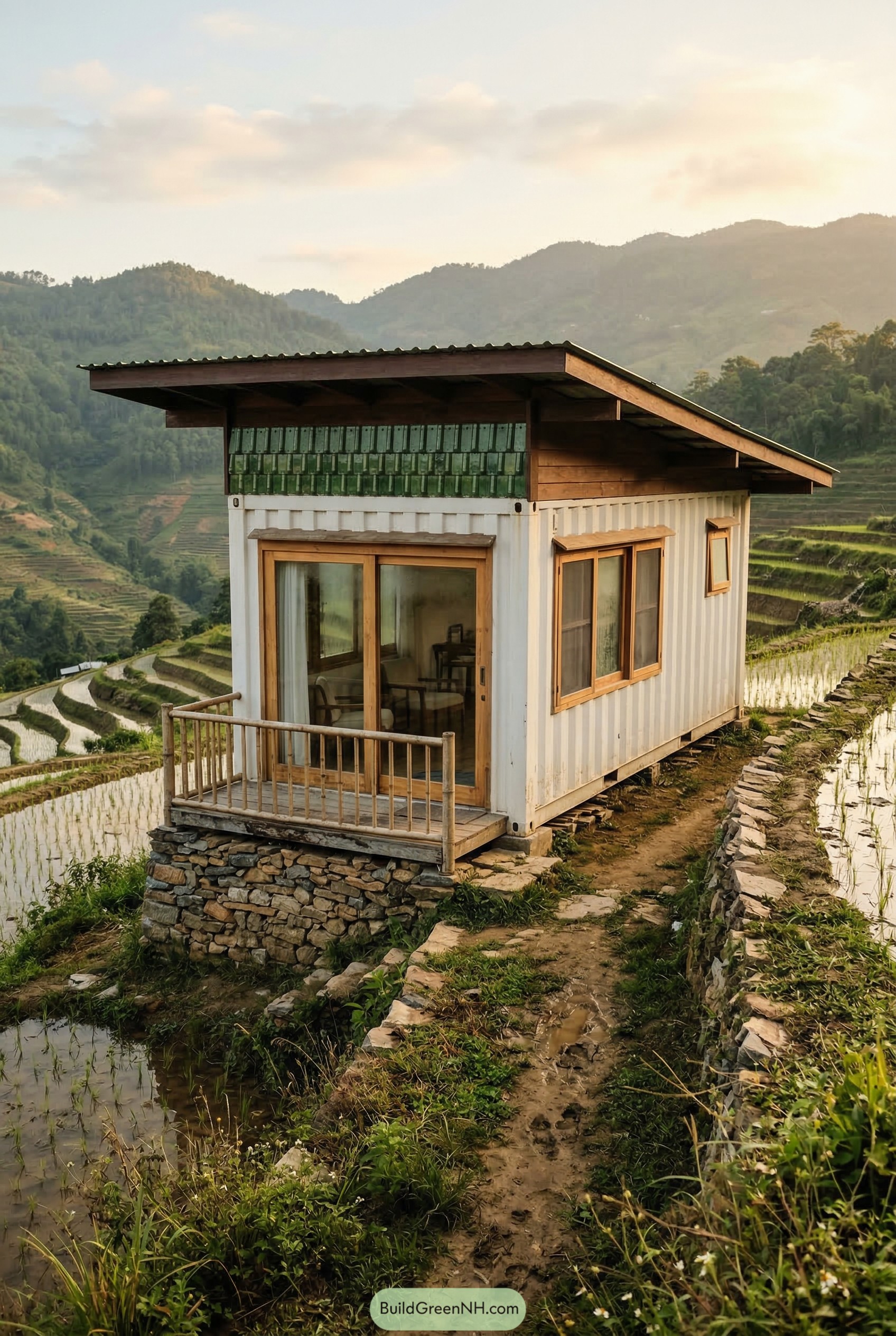 Small container house beside terraced rice fields