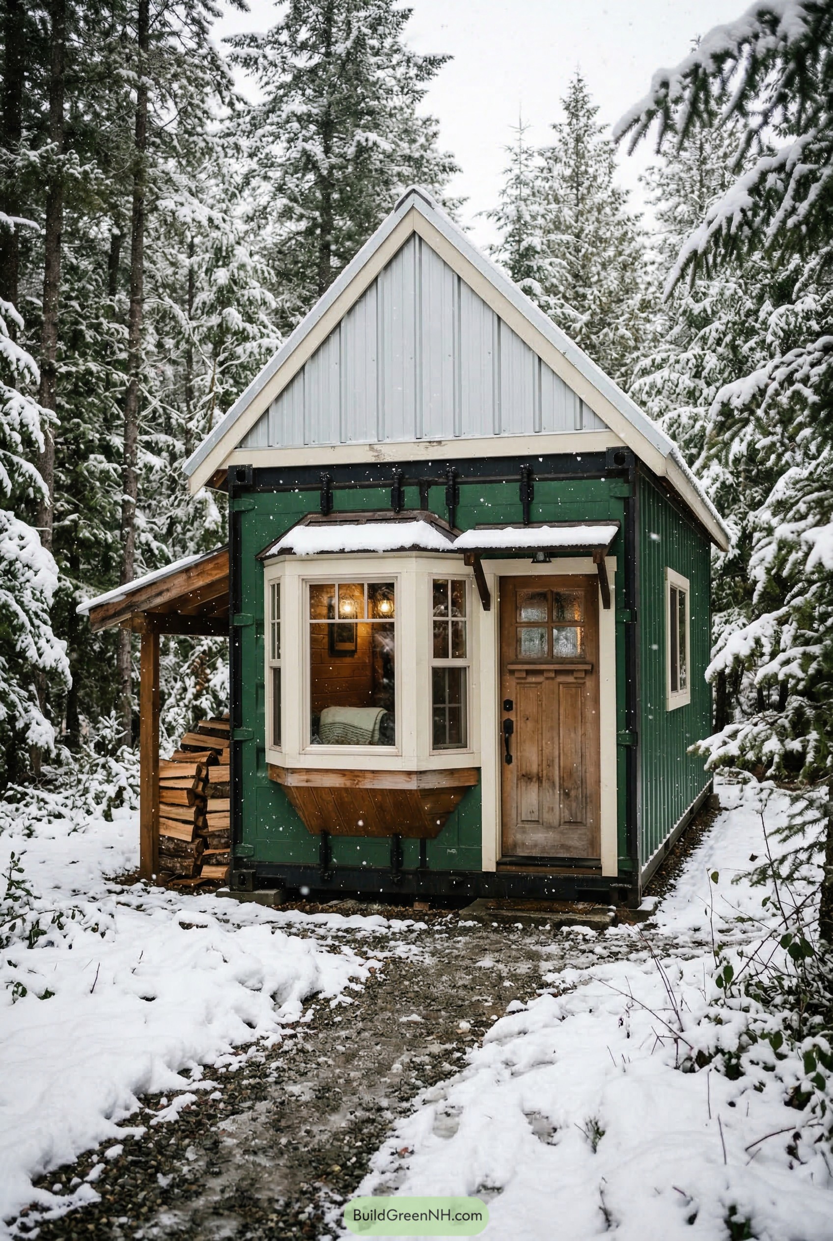 Green tiny container cabin with steep roof in snowy forest