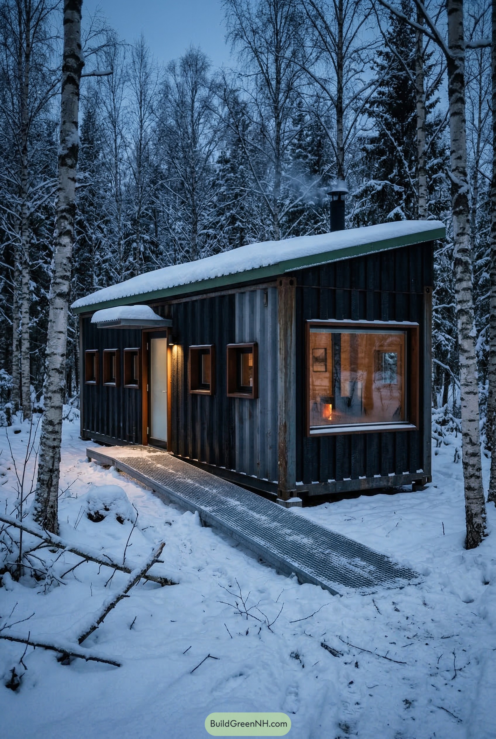 Black container cabin in a snowy birch forest