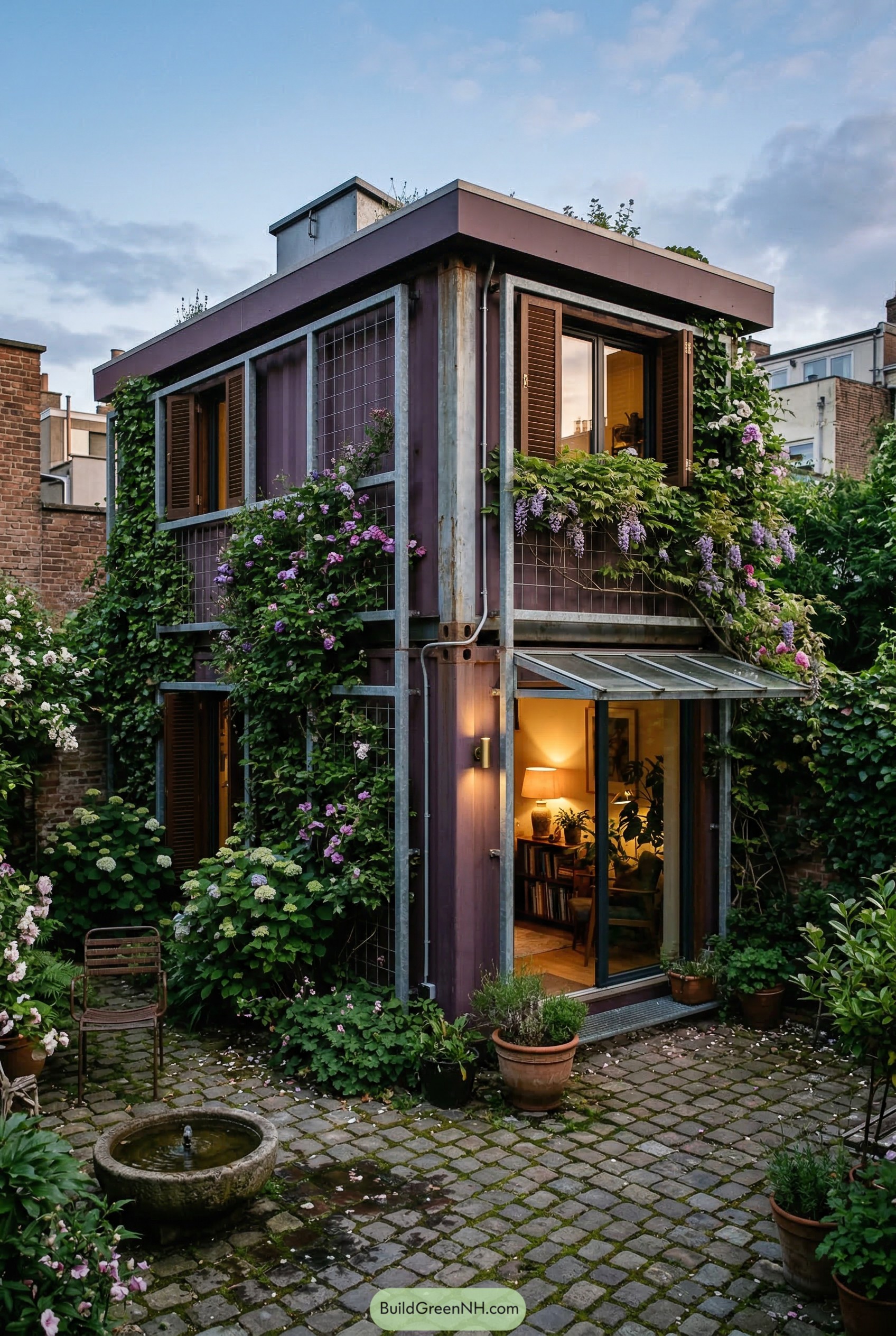 Two story container home wrapped in flowering vines