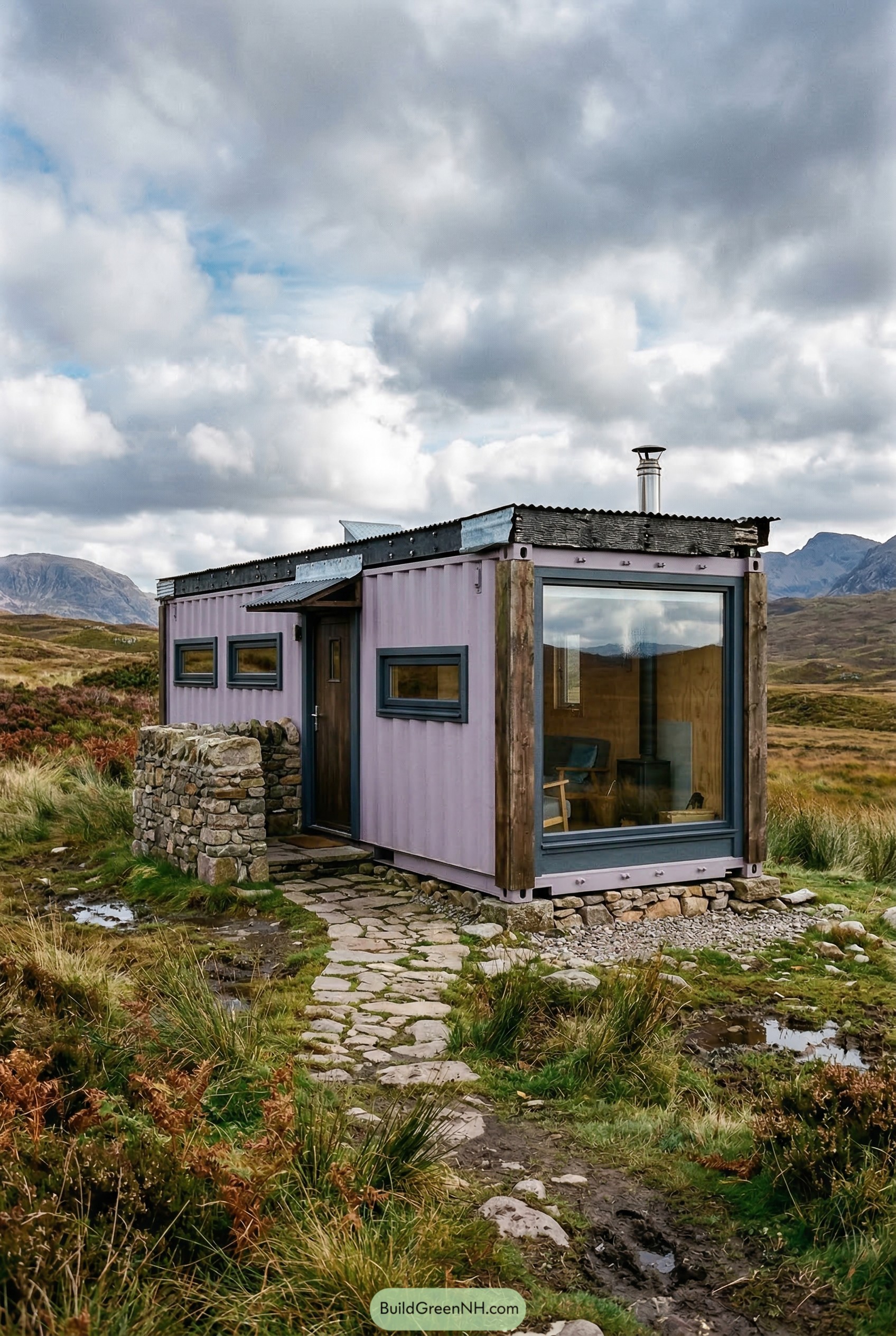 Lavender container cabin with stone entry and large picture window on open moor
