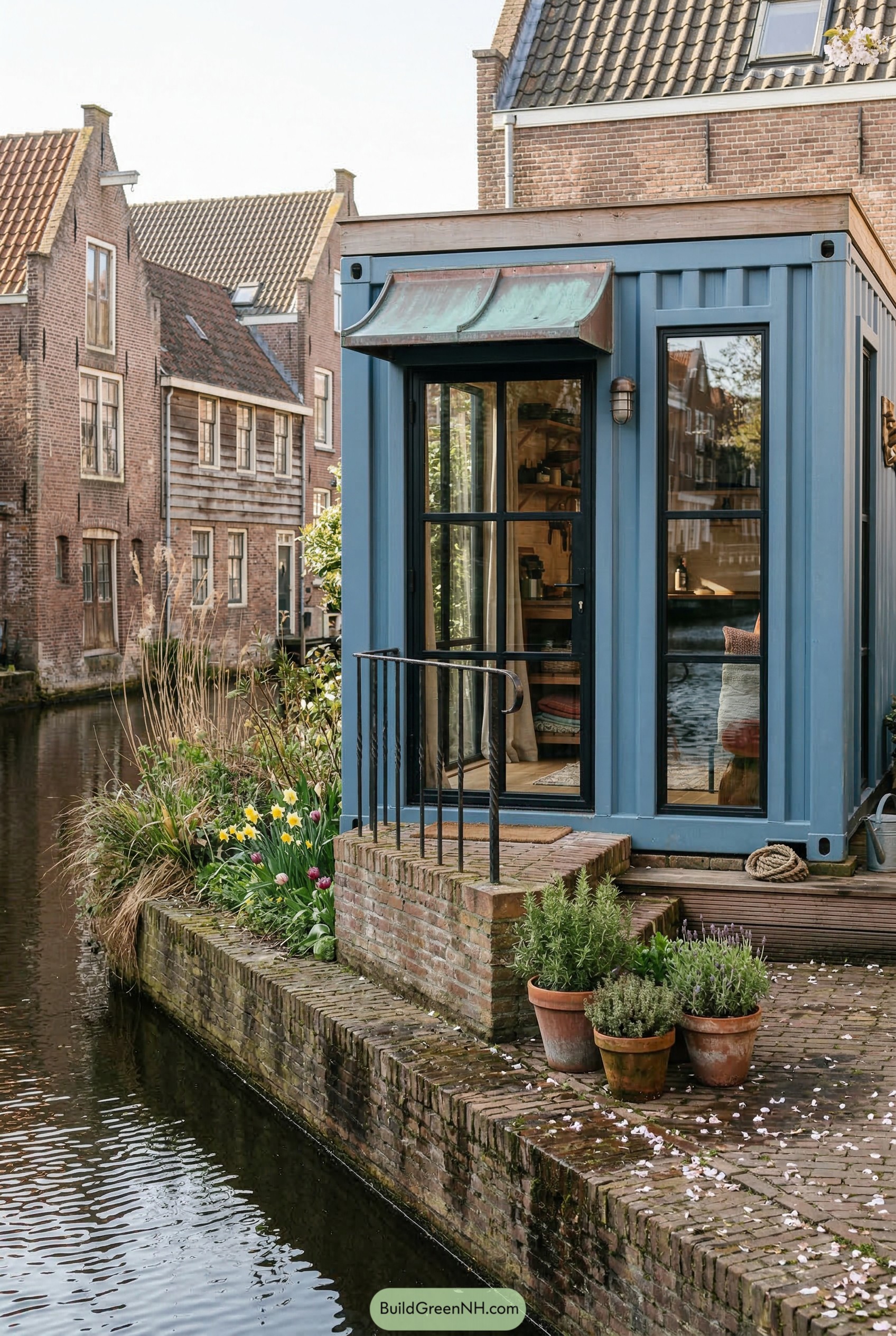 Blue container house beside a canal