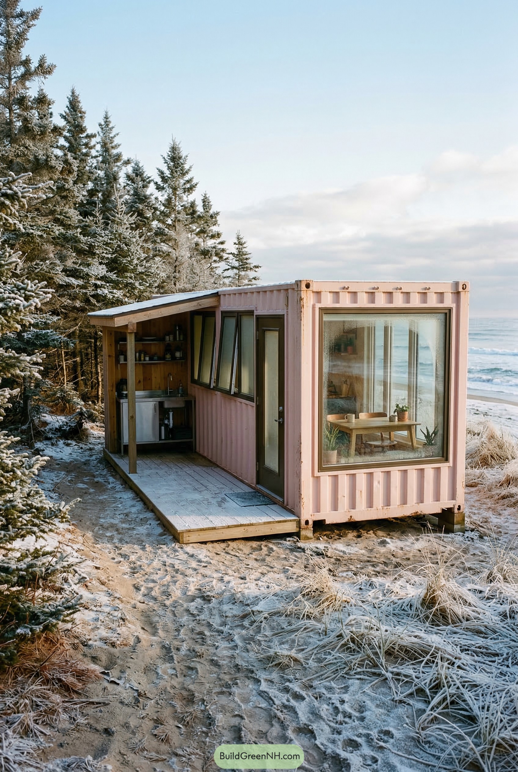 Pink container cabin on a snowy beach