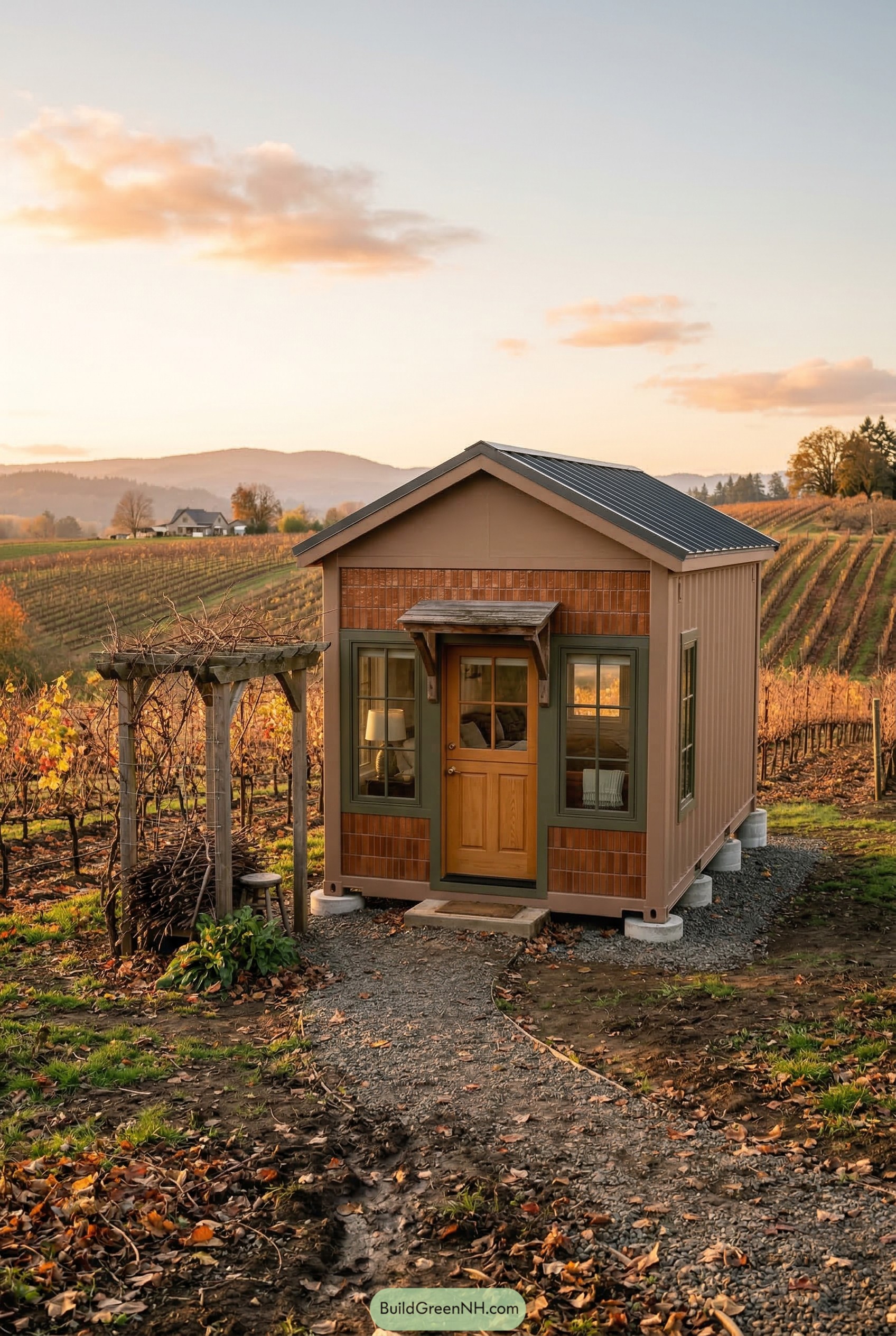 Tiny gabled cottage in a vineyard