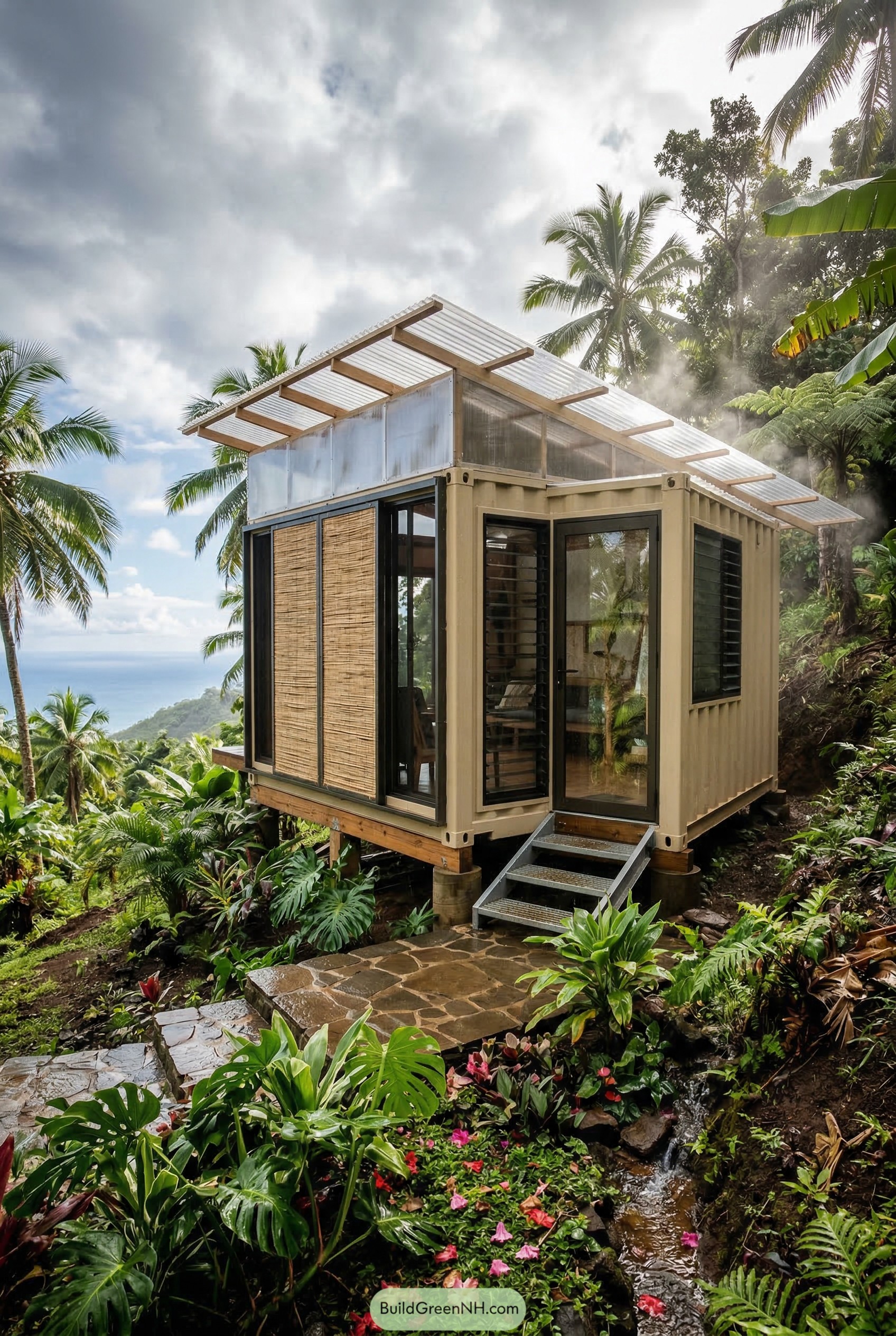 Tiny container house with a clear gabled roof in tropical greenery