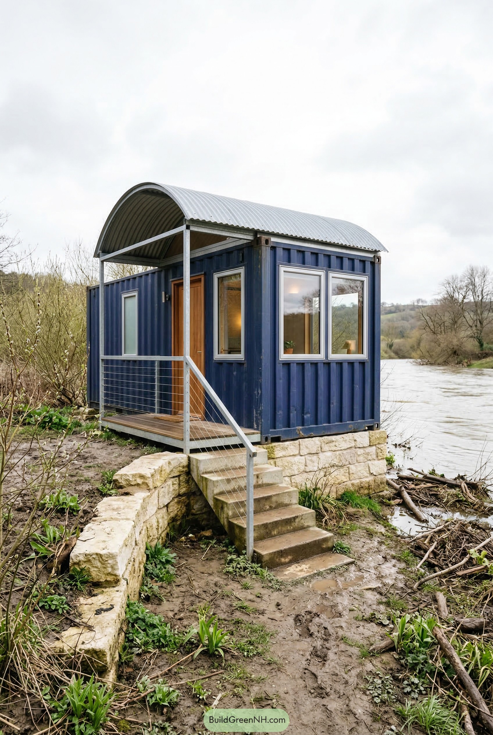 Blue container tiny house with curved roof by river