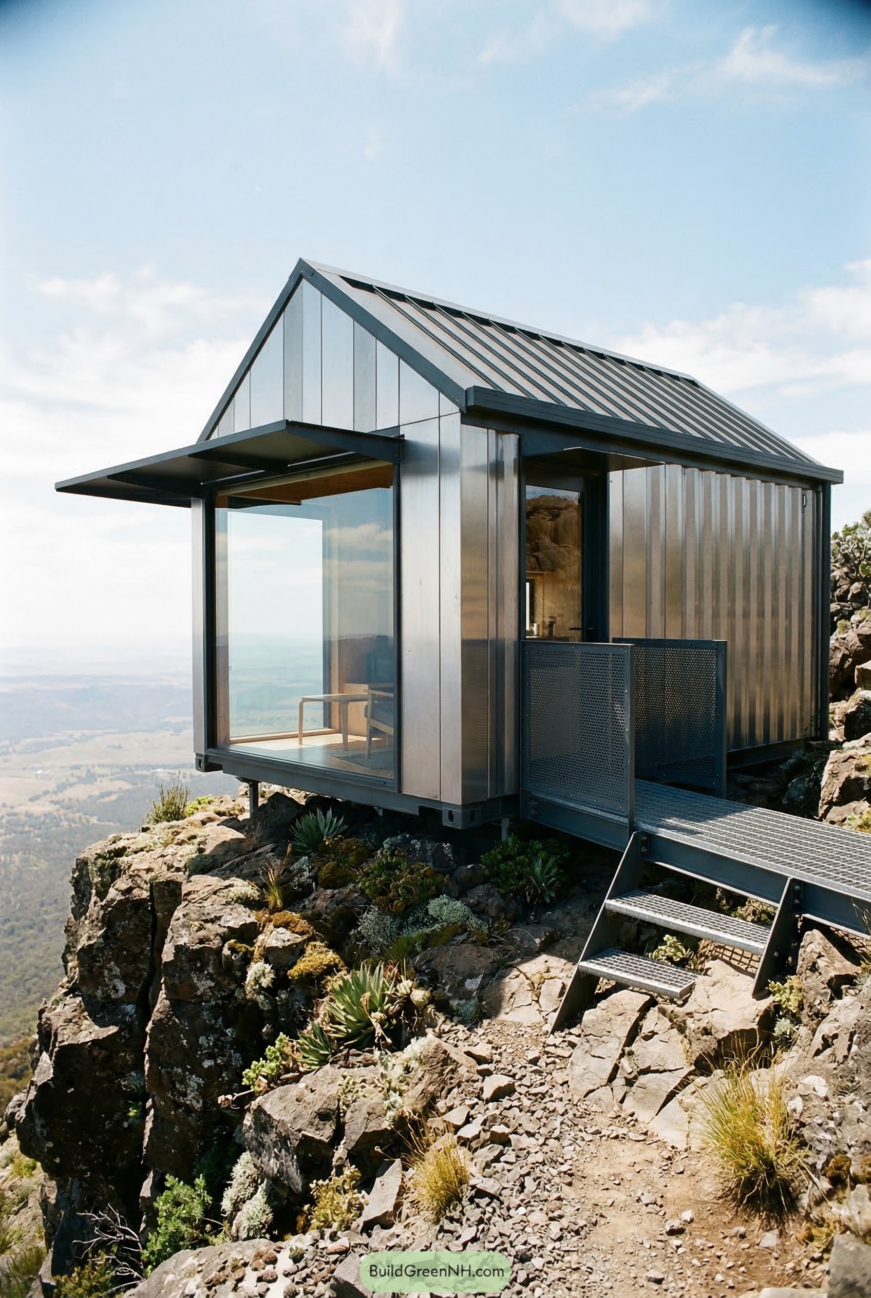 Black metal tiny cabin on a rocky cliff