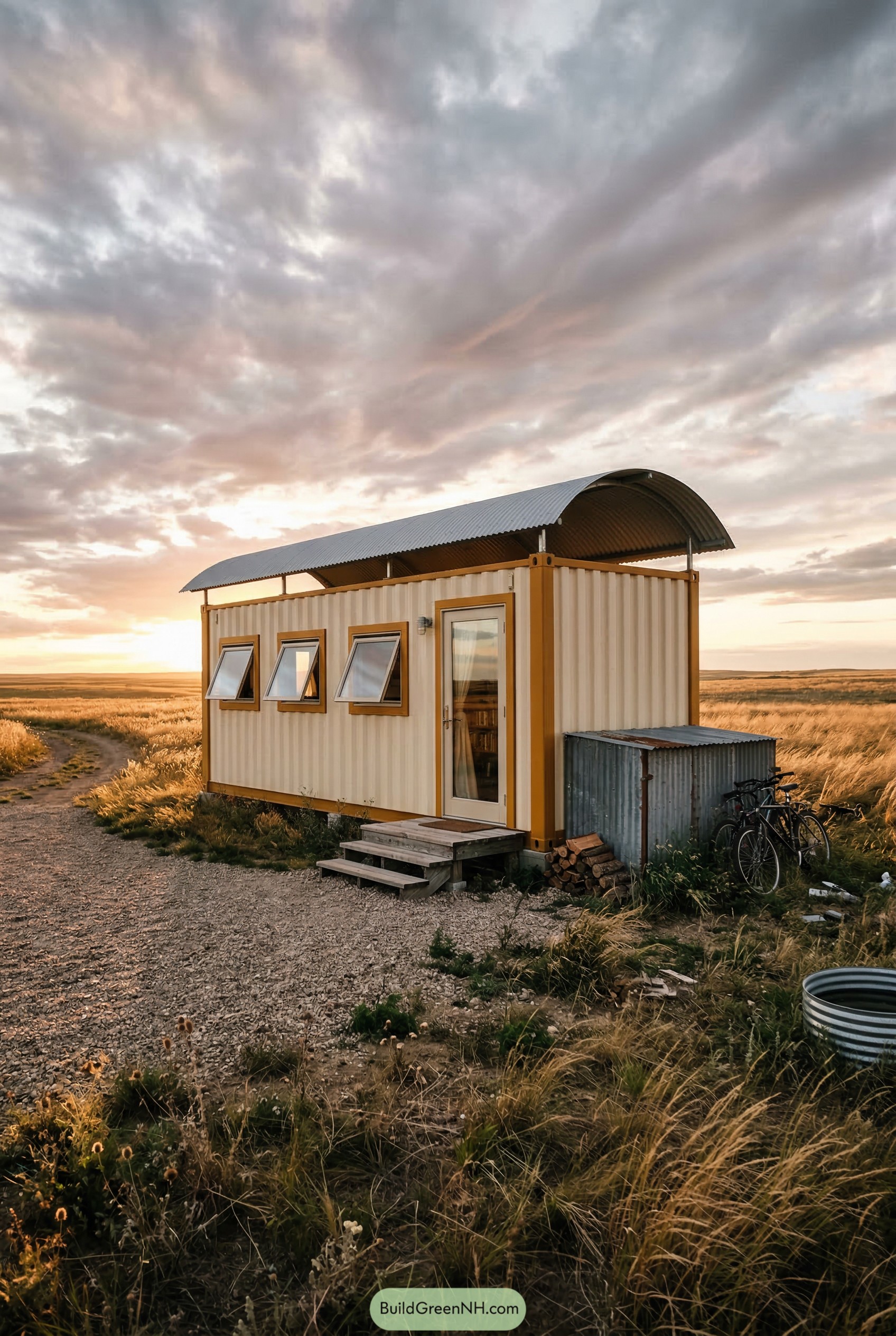 Tiny container house with curved roof in grassland at sunset