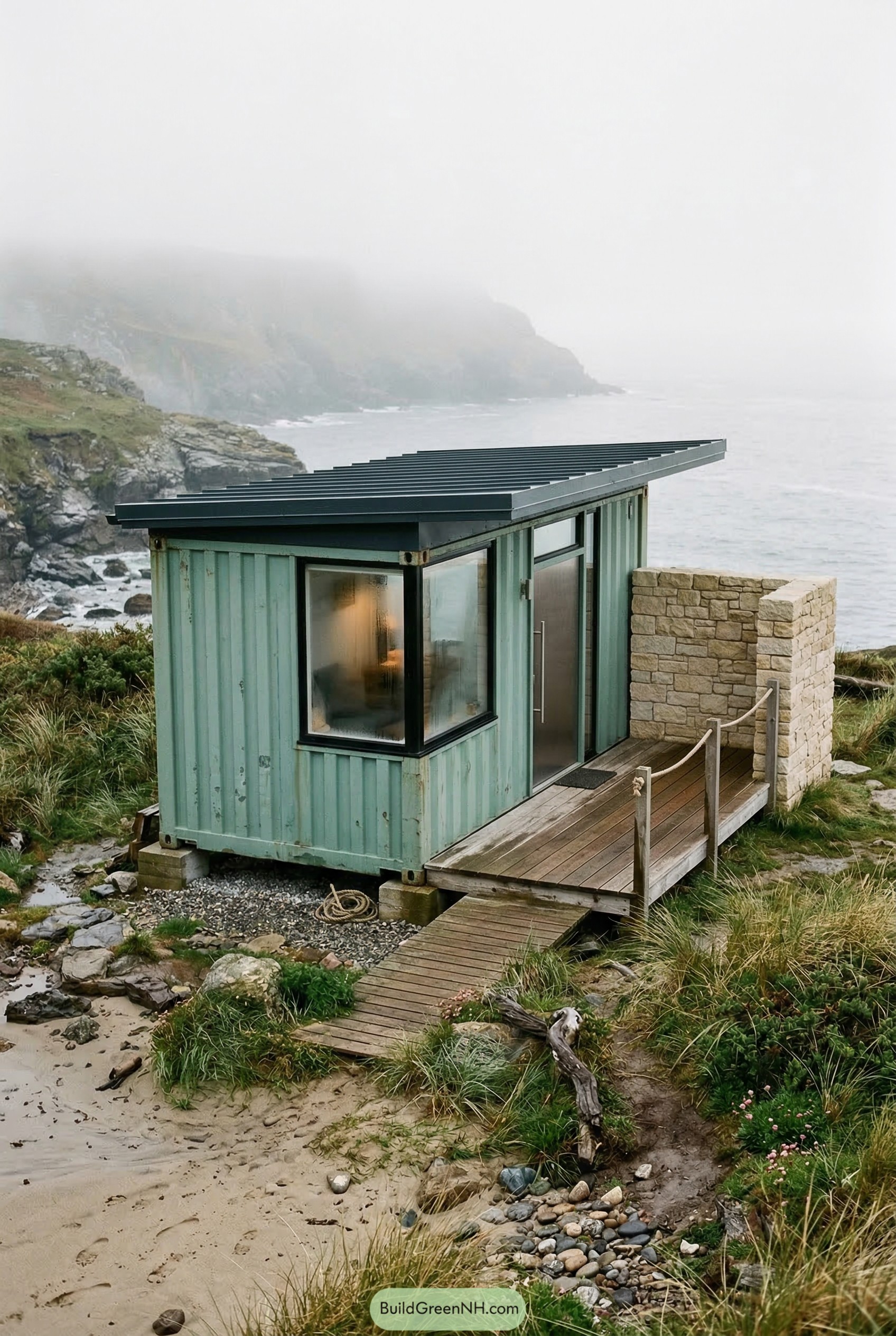 Small green container cabin on a foggy coast