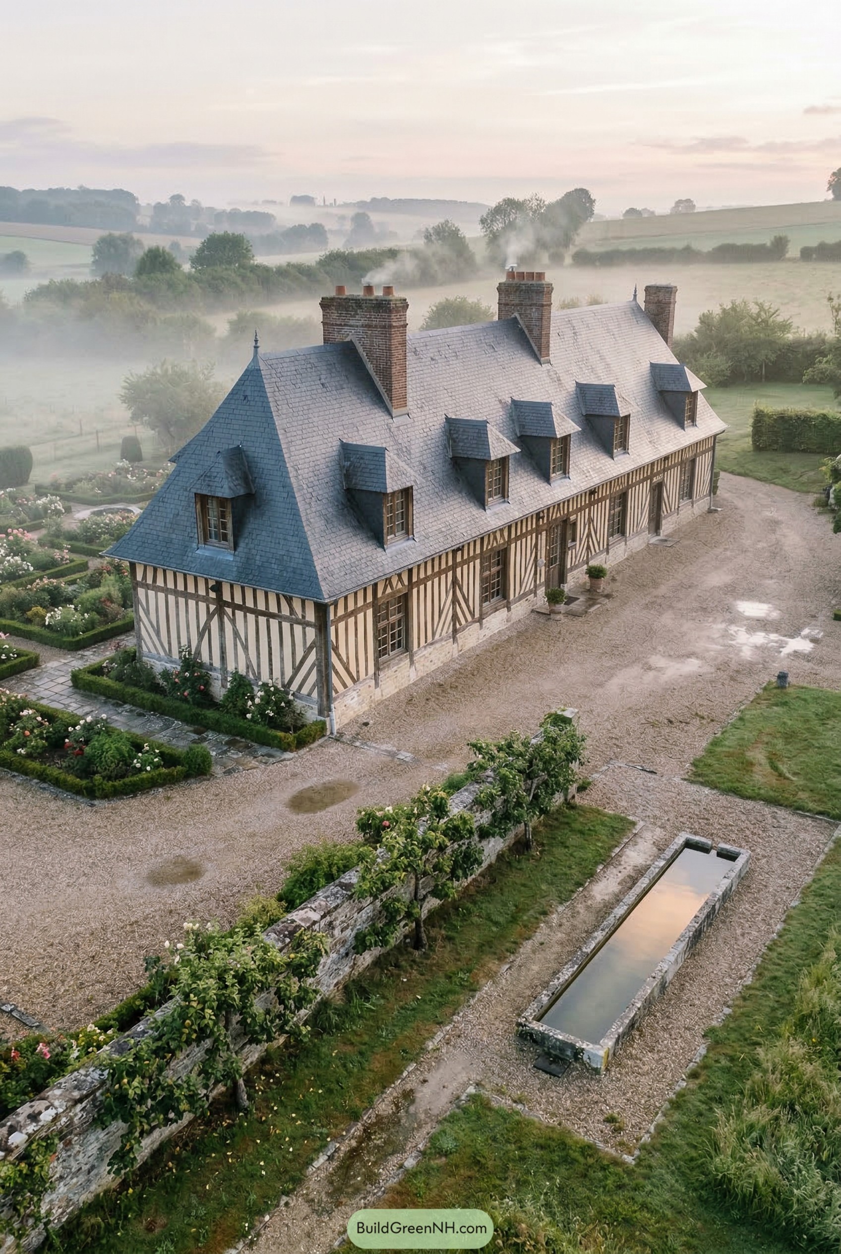 Half timbered Norman farmhouse with steep slate roof
