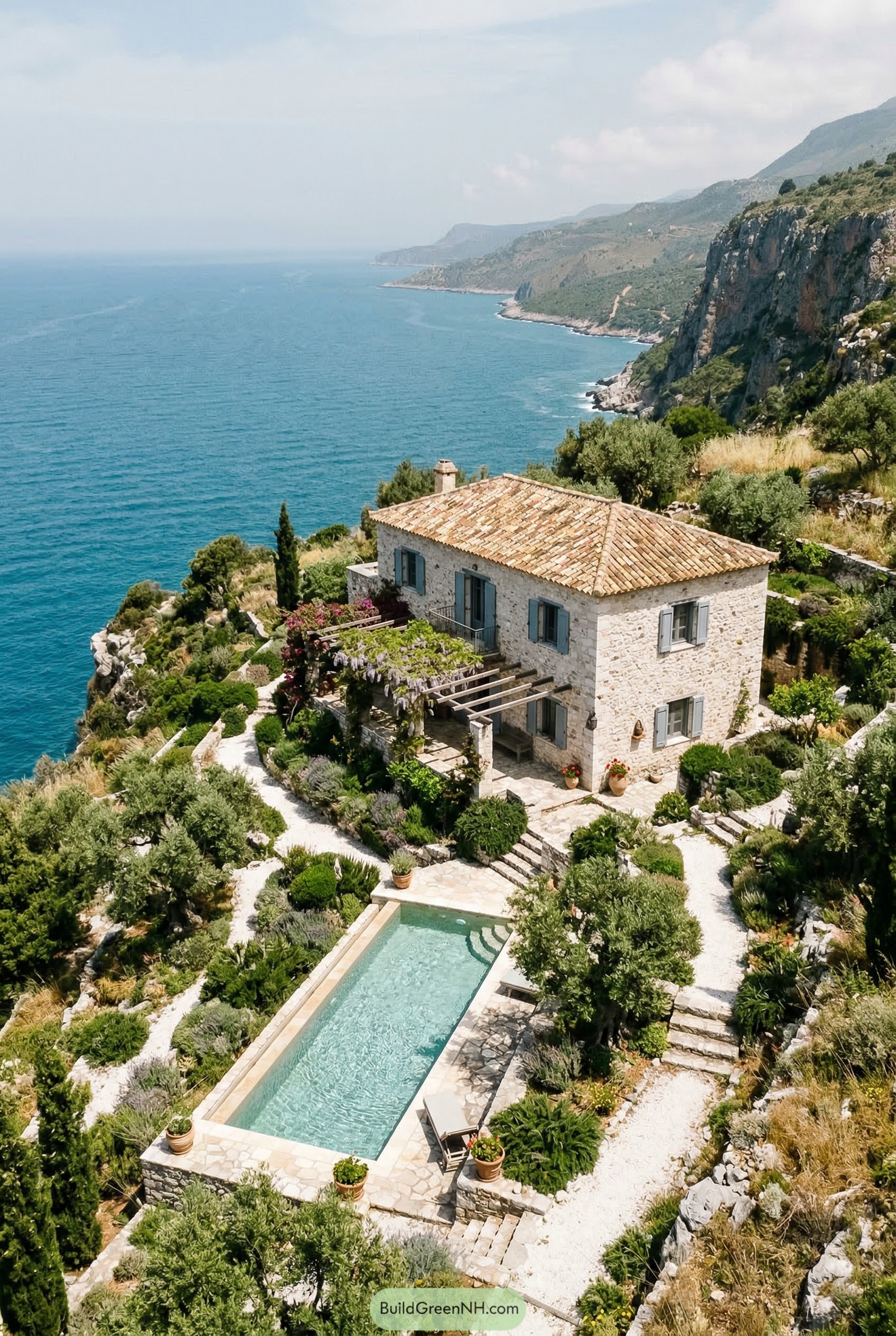 Stone cliffside villa with pool above the sea